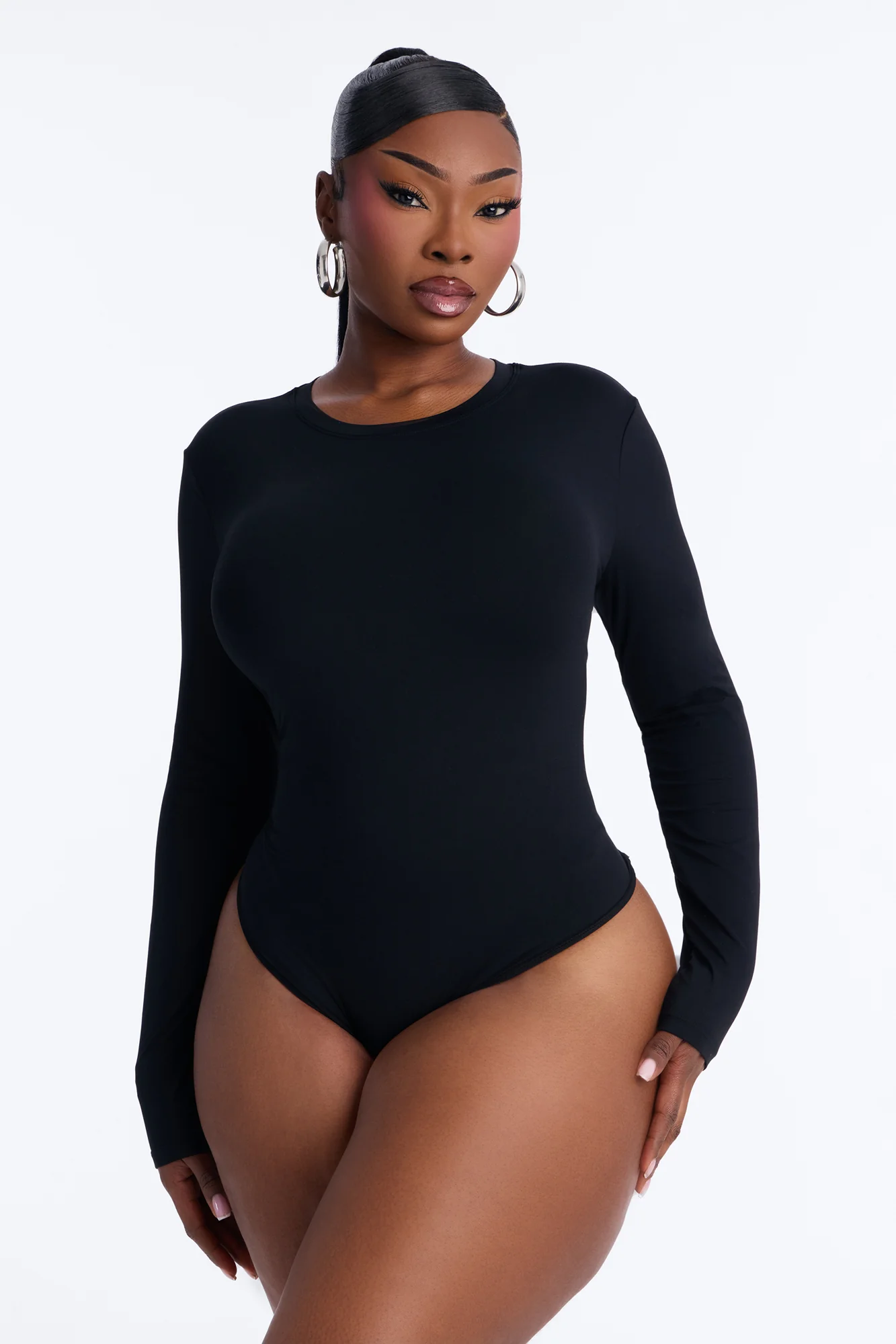 Second Skin Double Lined Crew Neck Long Sleeve Bodysuit - Black - Image 6