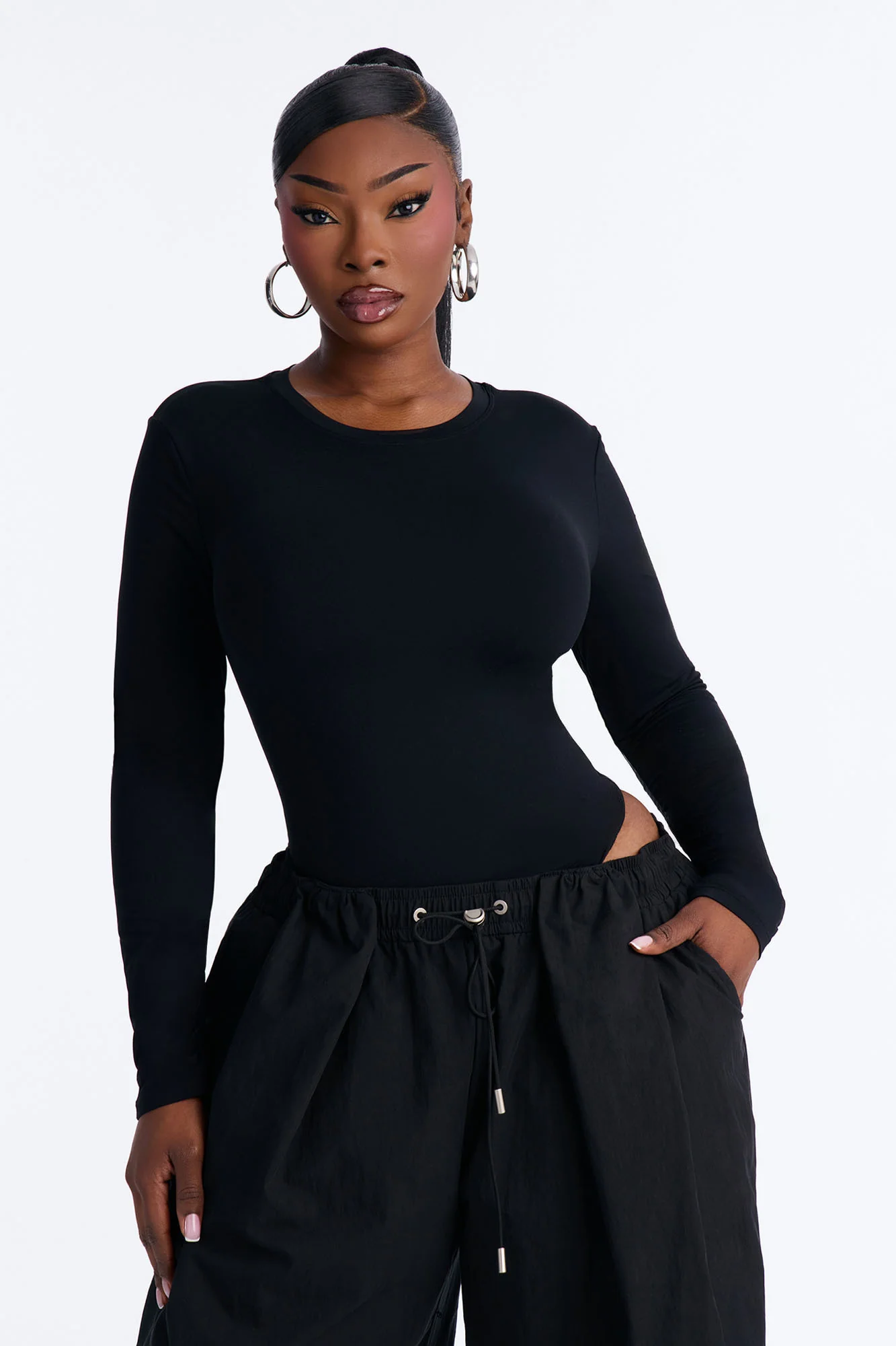 Second Skin Double Lined Crew Neck Long Sleeve Bodysuit - Black - Image 8