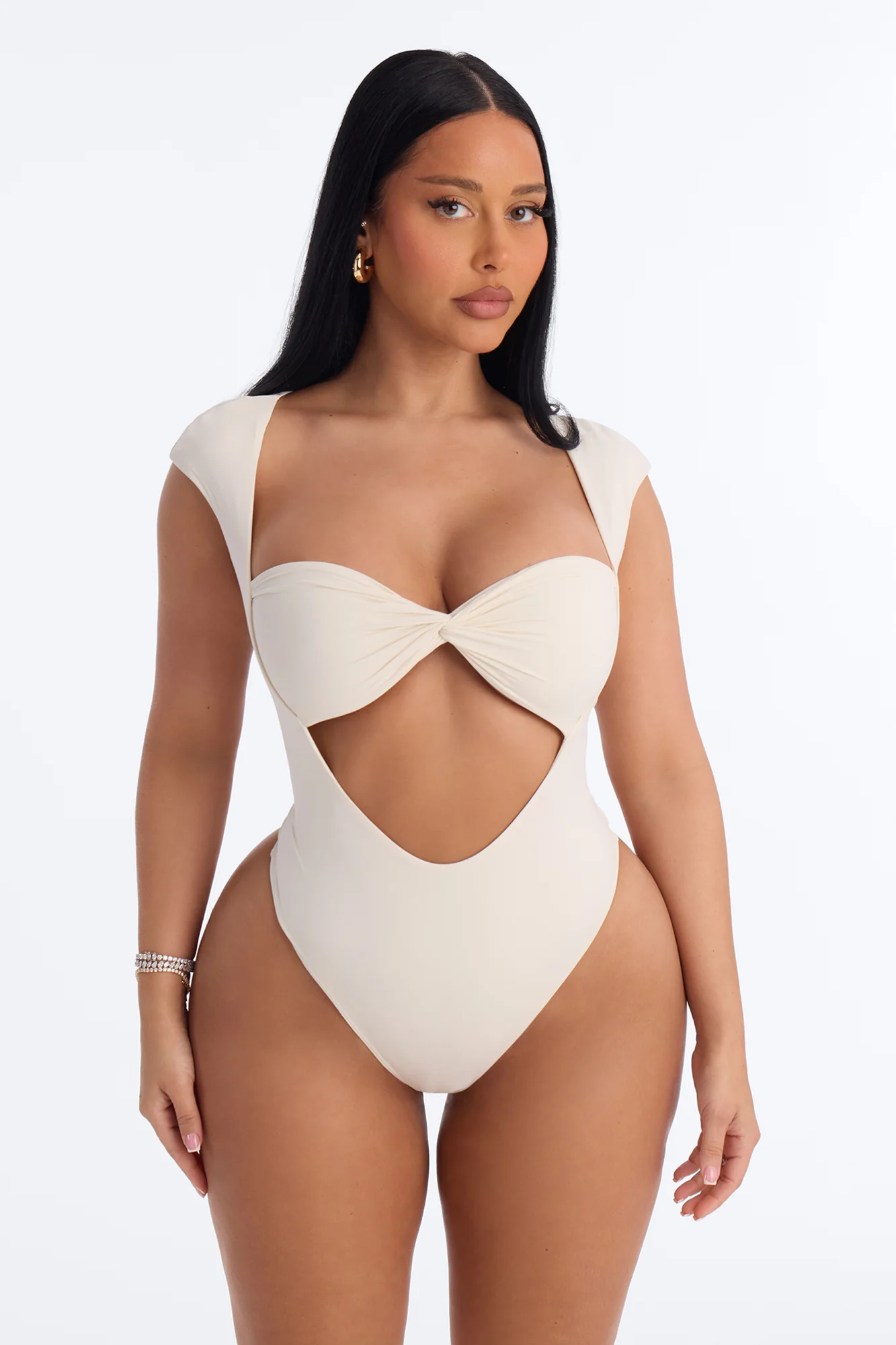 Second Skin Double Lined Cut Out Cap Sleeve Bodysuit - Bone