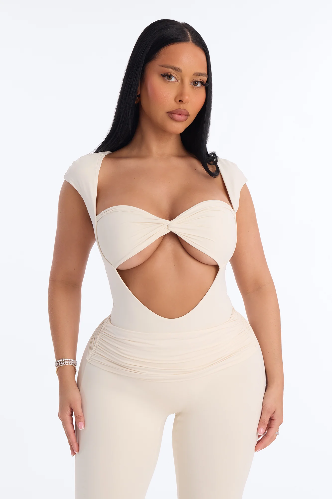 Second Skin Double Lined Cut Out Cap Sleeve Bodysuit - Bone - Image 3