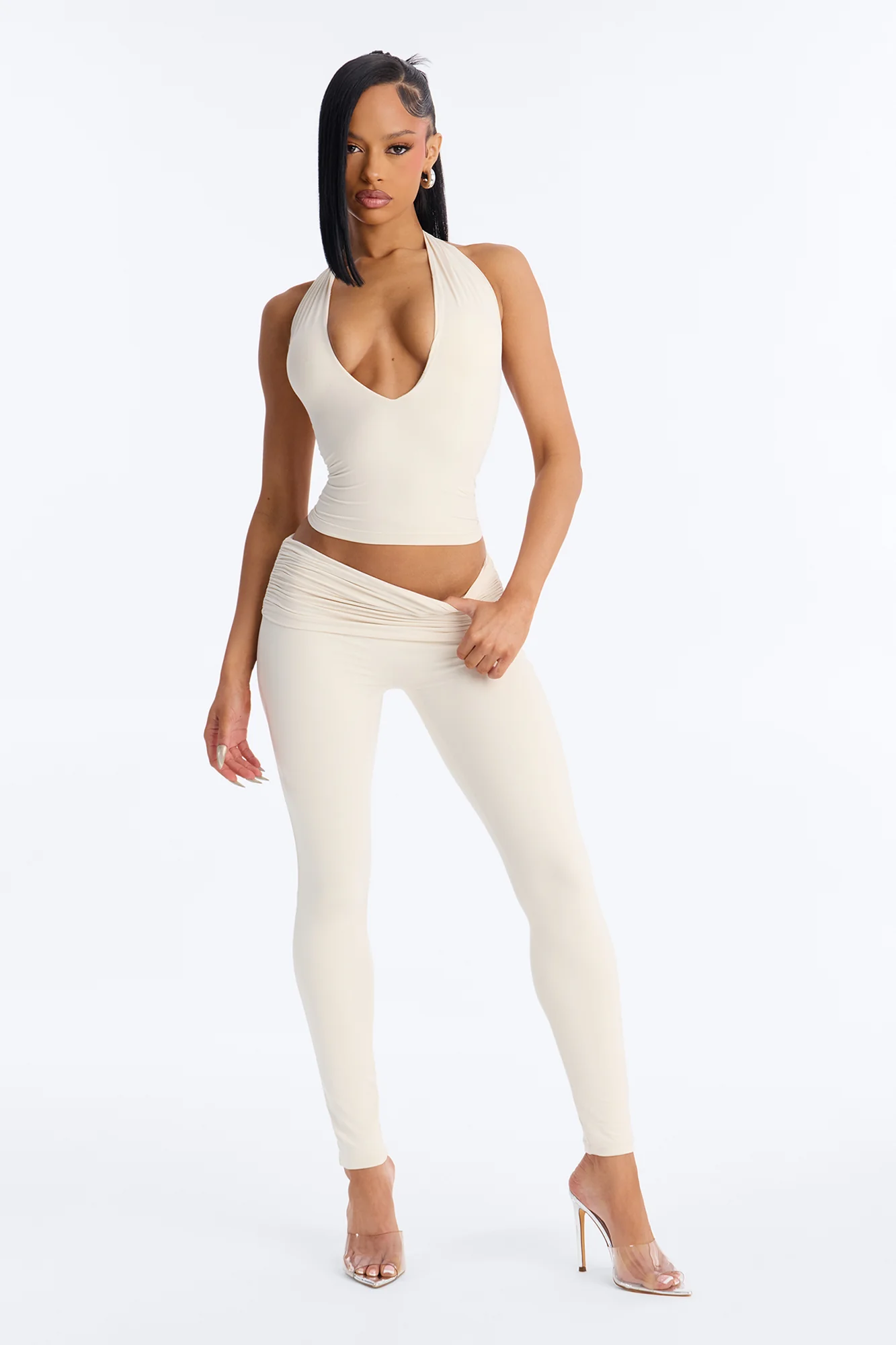 Second Skin Double Lined Deep V-Neck Halter Top - Bone - Image 2