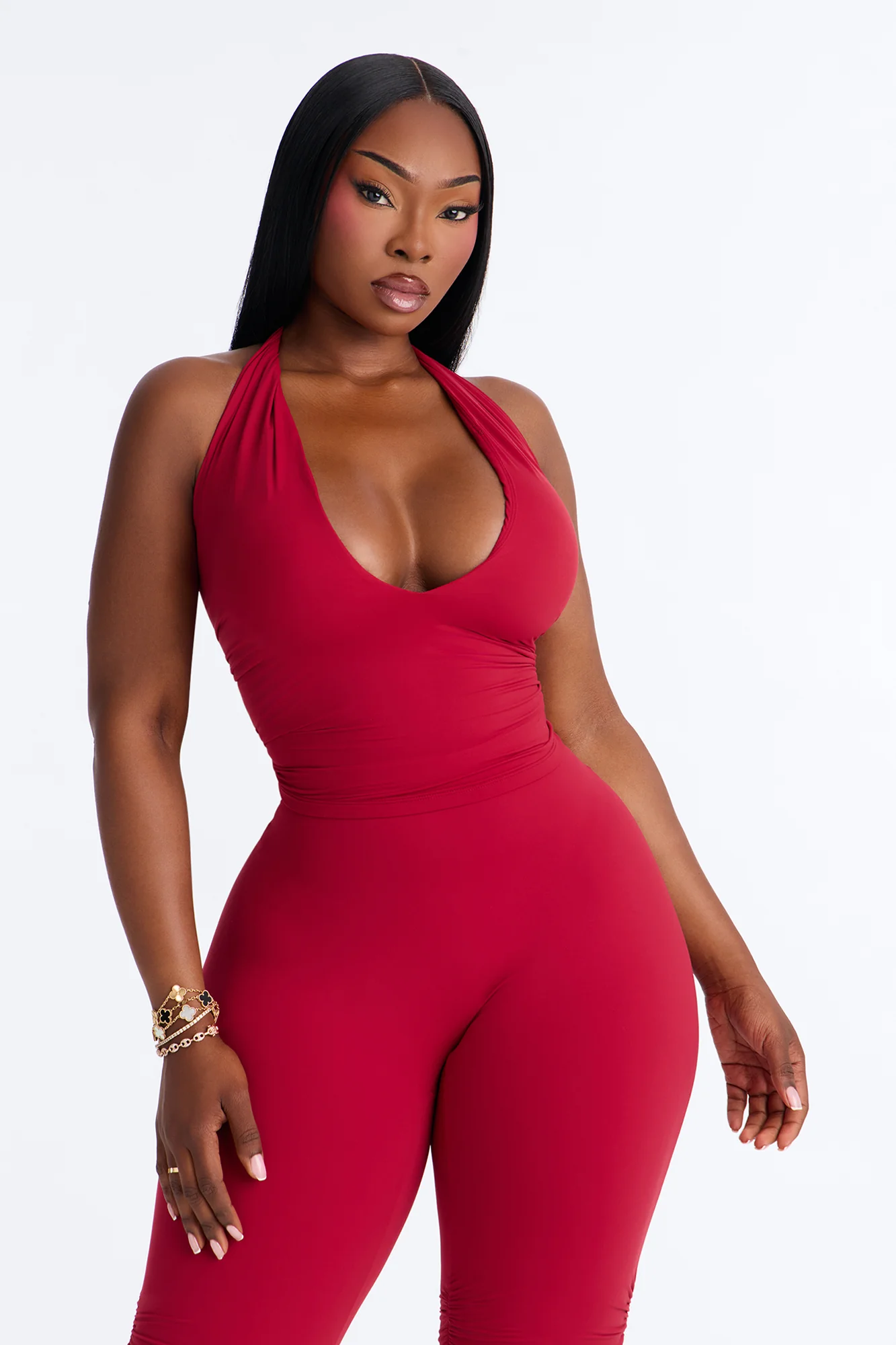 Second Skin Double Lined Deep V-Neck Halter Top - DarkRed - Image 5