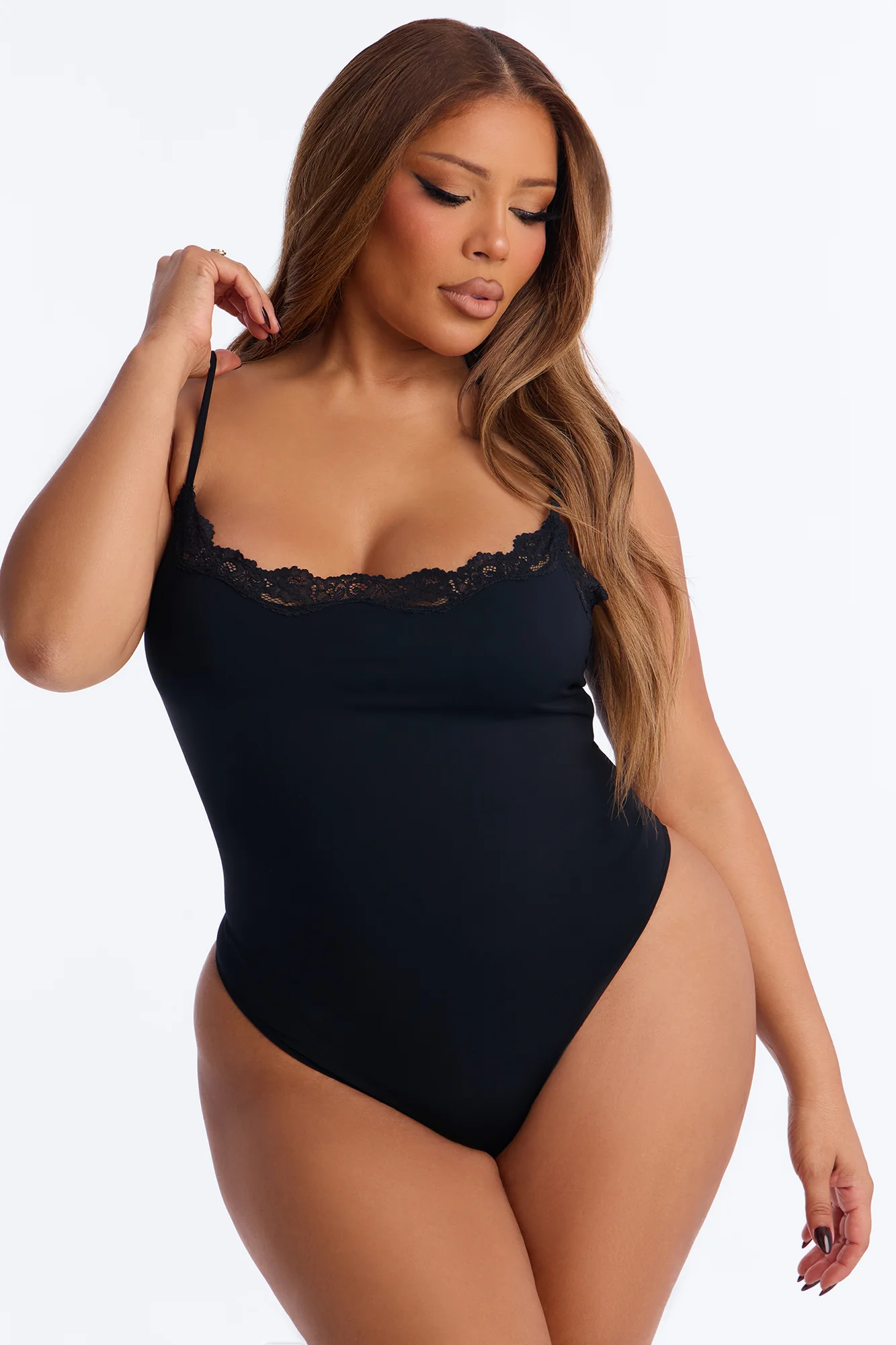 Second Skin Double Lined Lace Trim Cami Bodysuit - Black - Image 6