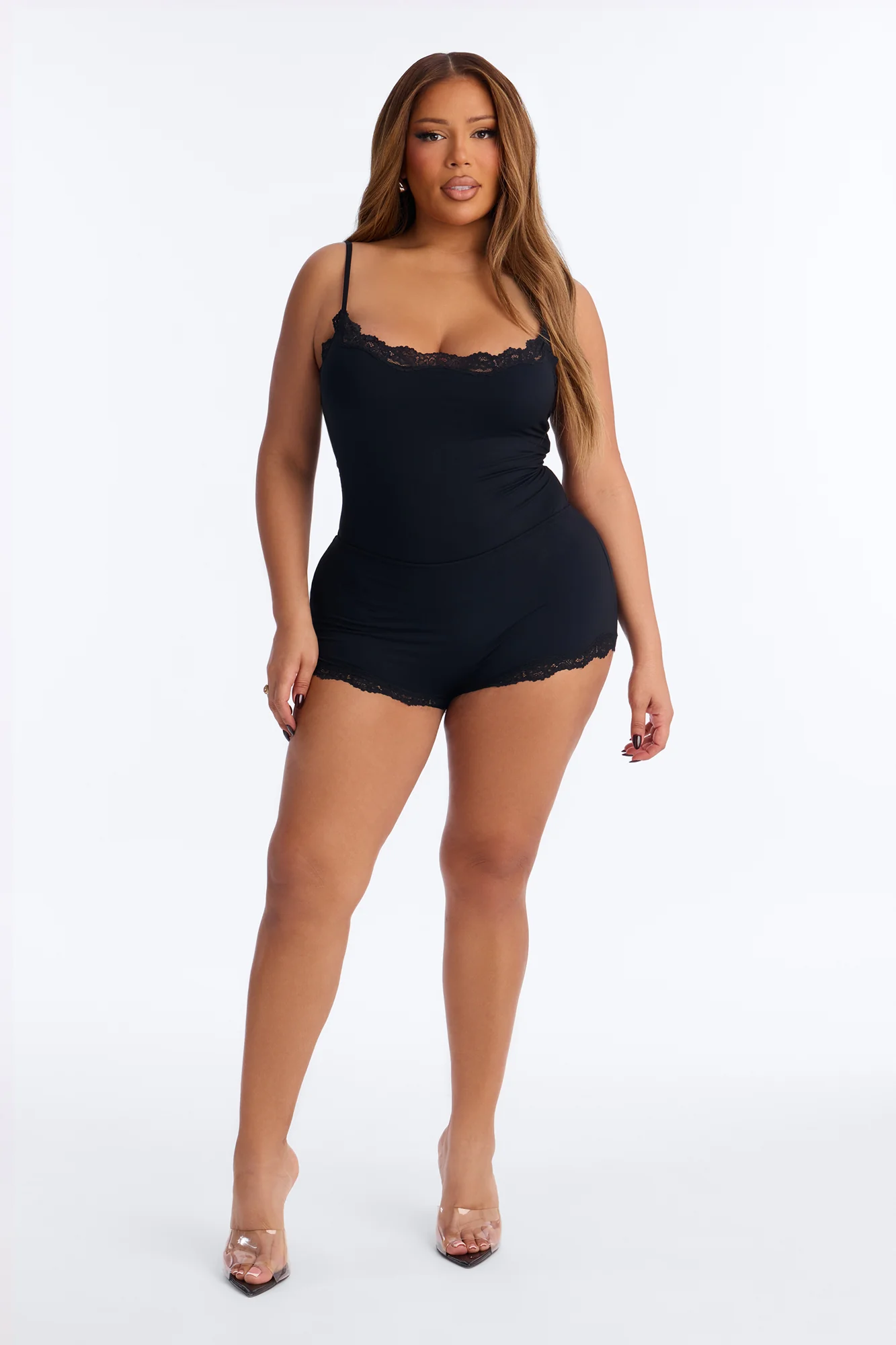 Second Skin Double Lined Lace Trim Cami Bodysuit - Black - Image 7
