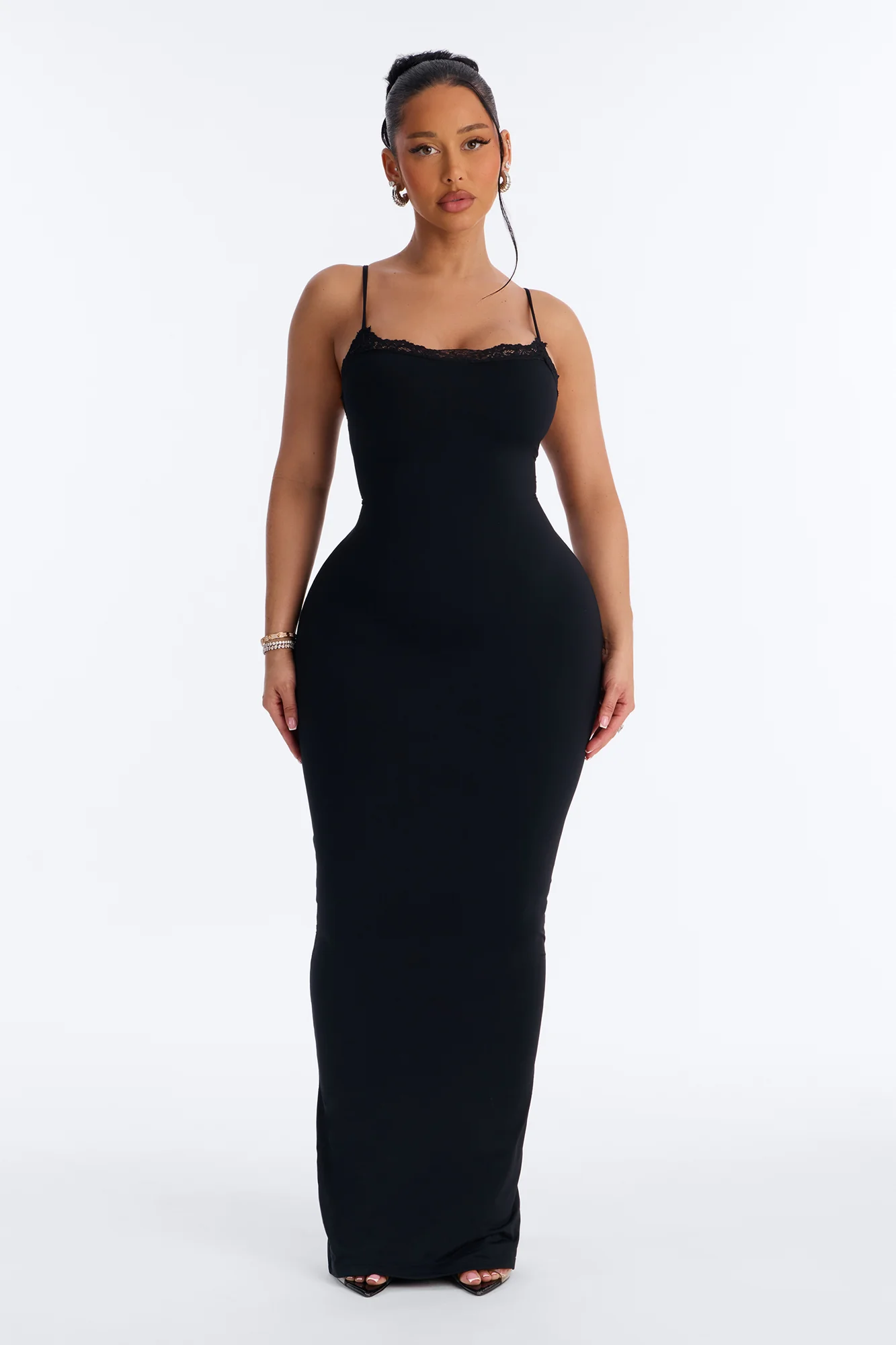 Second Skin Double Lined Lace Trim Cami Maxi Dress - Black