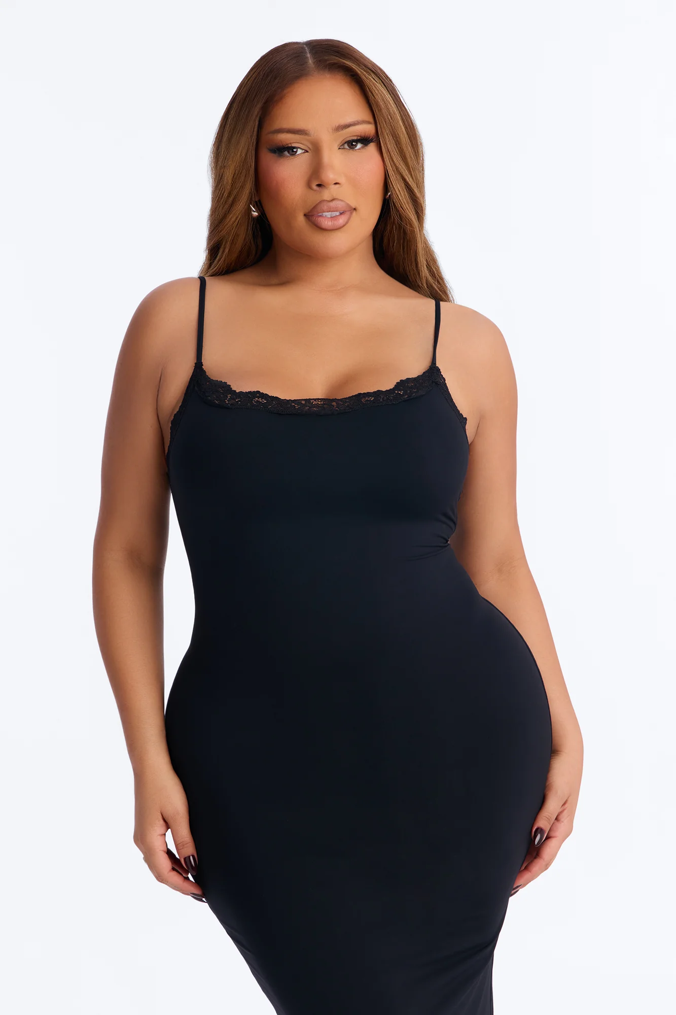 Second Skin Double Lined Lace Trim Cami Maxi Dress - Black - Image 6