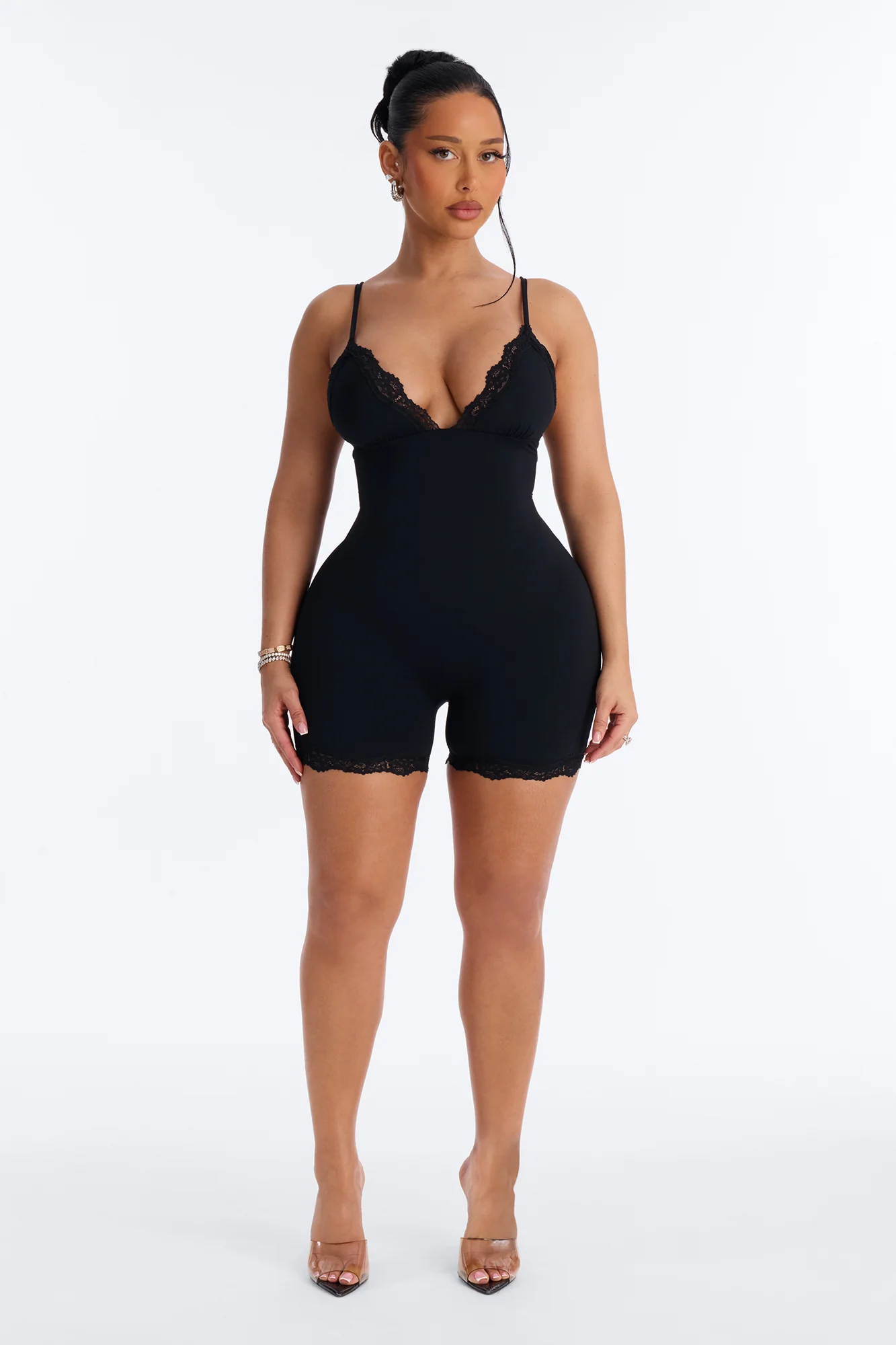 Second Skin Double Lined Lace Trim Tank Romper - Black - Image 2