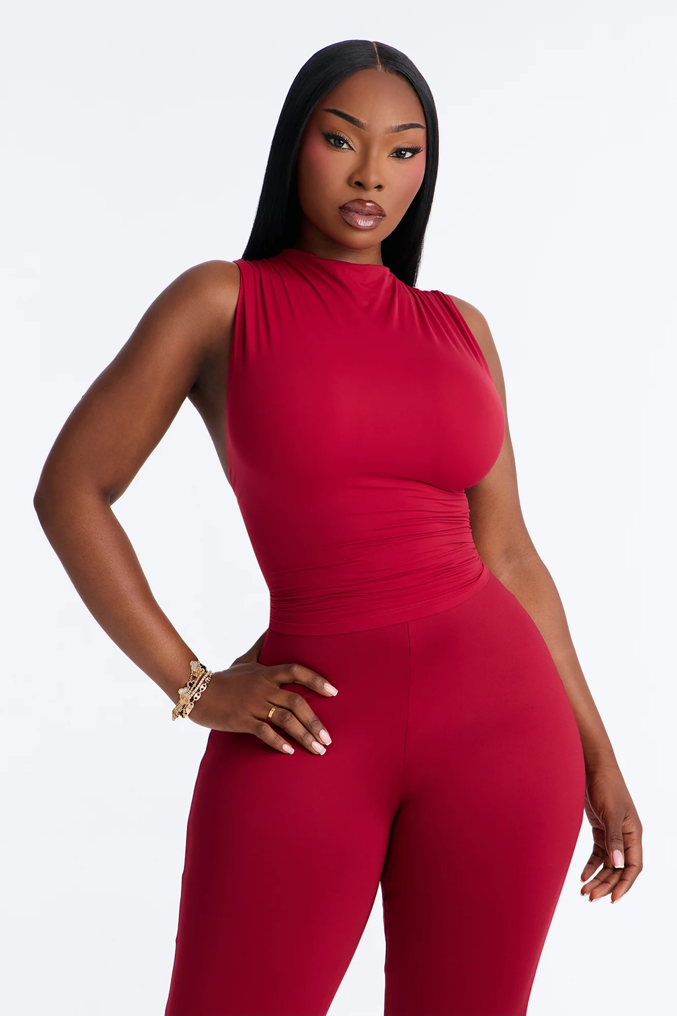 Second Skin Double Lined Mock Neck Racerback Top - DarkRed - Image 5