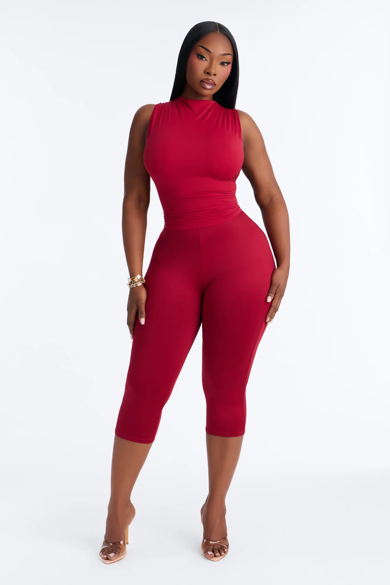 Second Skin Double Lined Mock Neck Racerback Top - DarkRed - Image 6