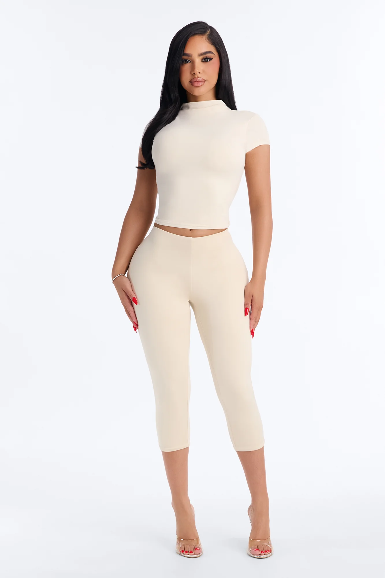 Second Skin Double Lined Mock Neck Short Sleeve Top - Bone