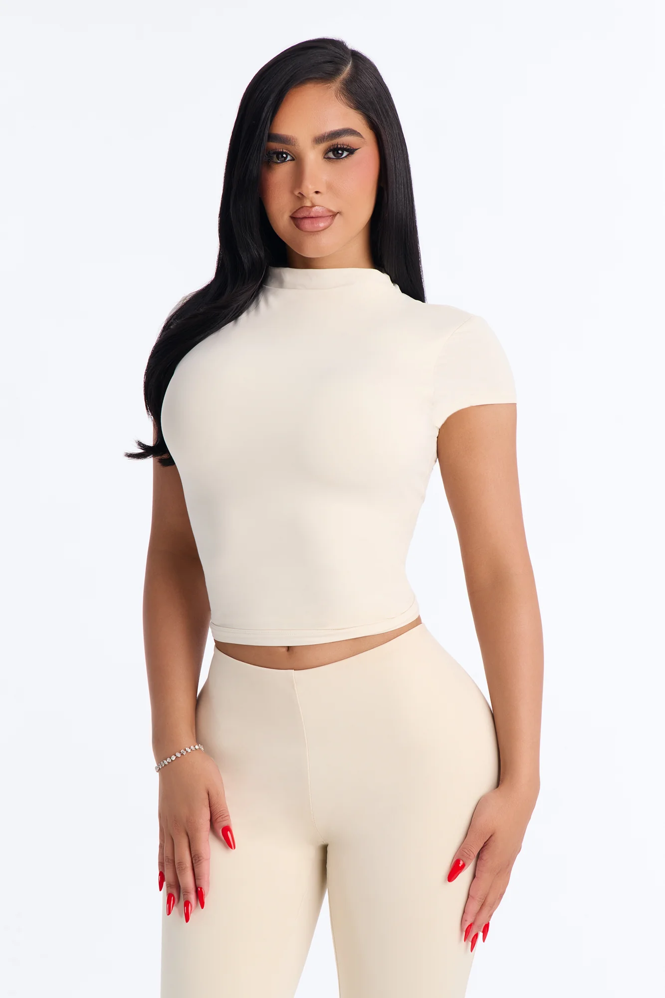 Second Skin Double Lined Mock Neck Short Sleeve Top - Bone - Image 2