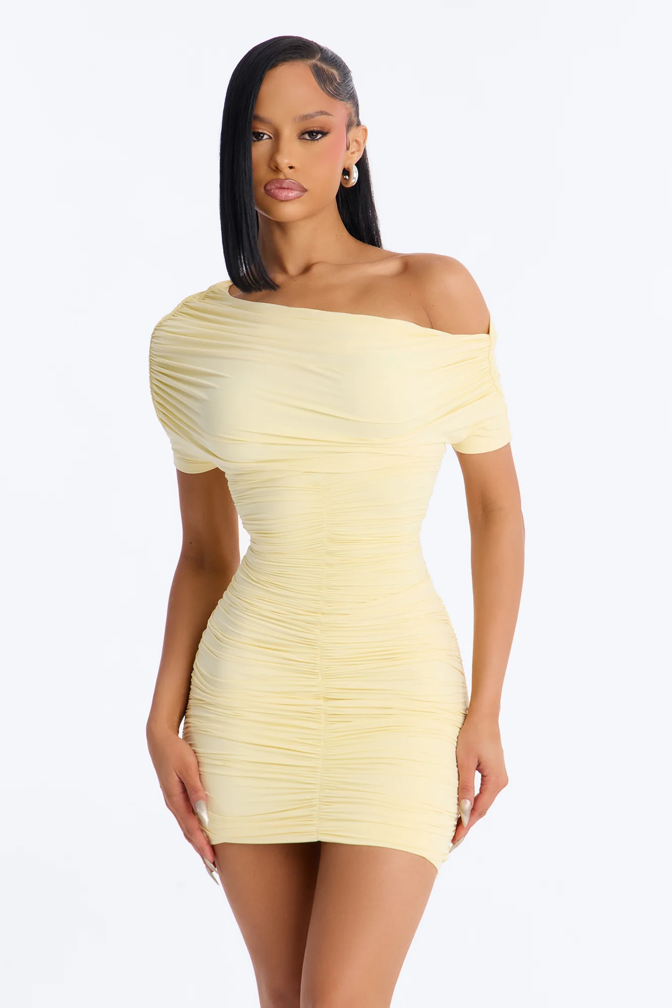 Second Skin Double Lined Off Shoulder Ruched Mini Dress - Butter Yellow - Image 2