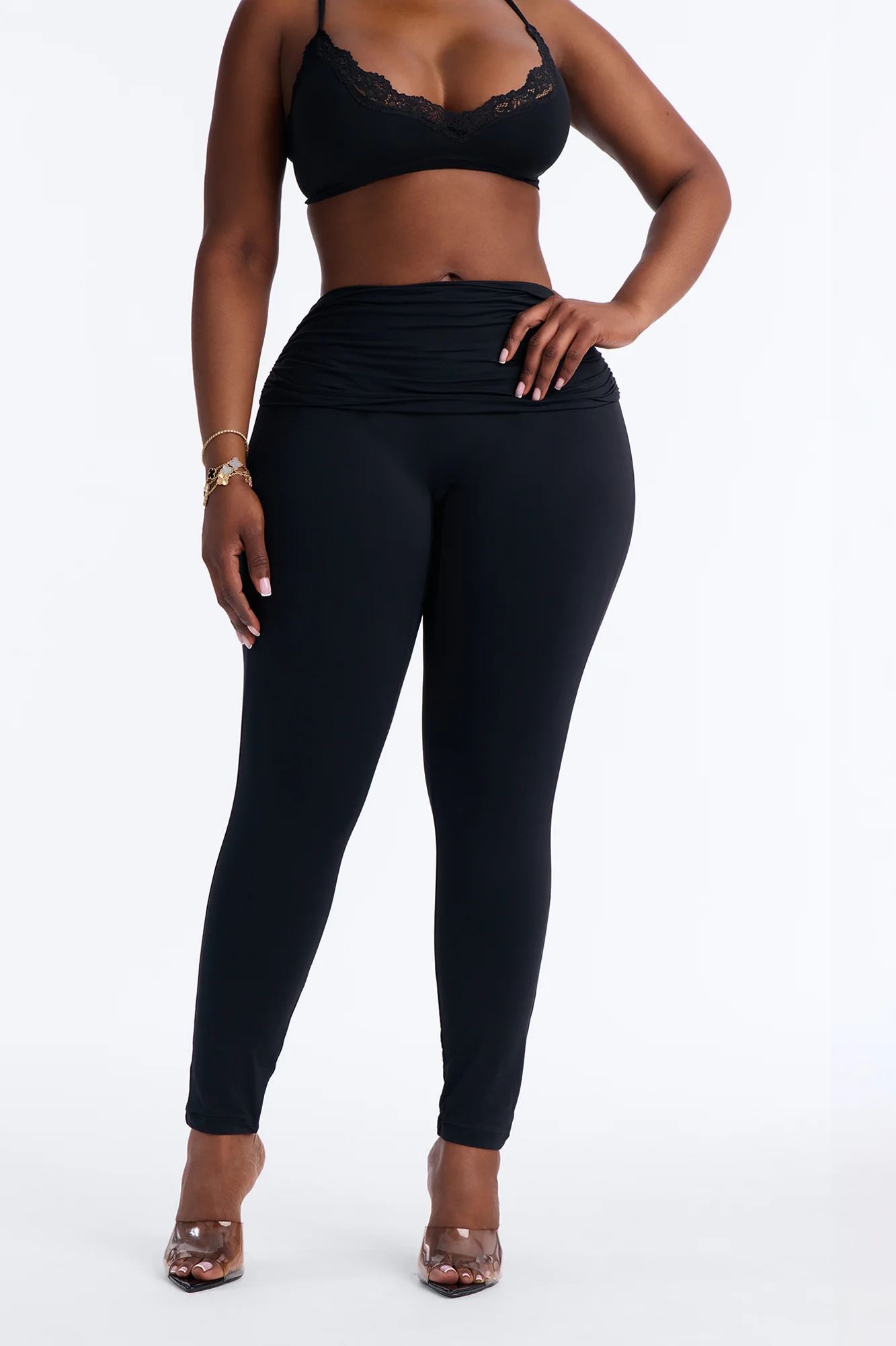 Second Skin Double Lined Ruched Foldover Leggings - Black - Image 6