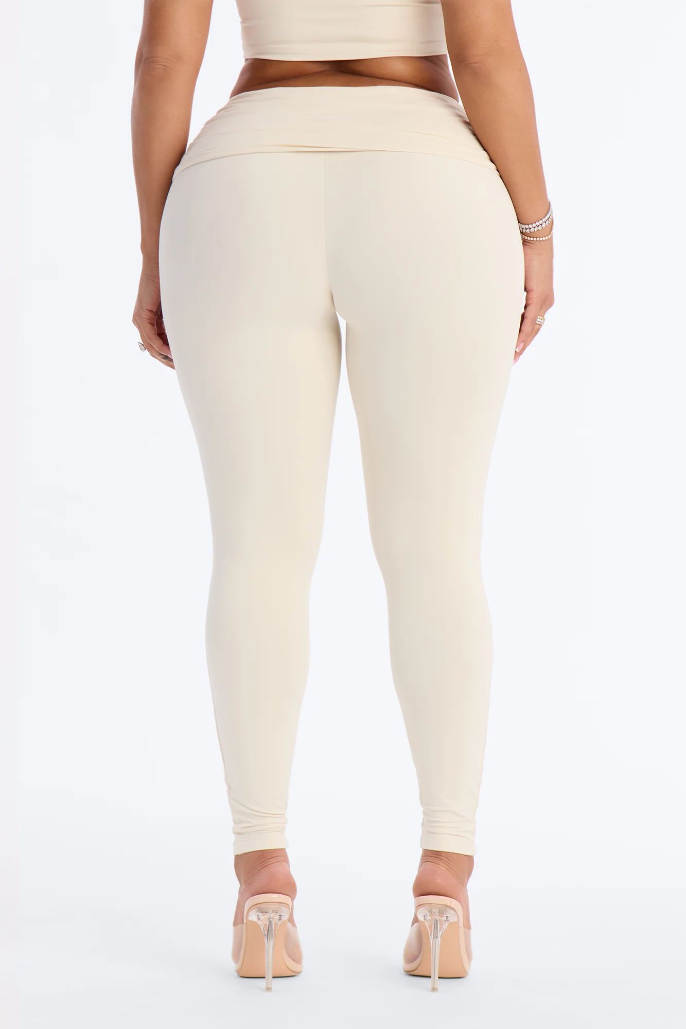 Second Skin Double Lined Ruched Foldover Leggings - Bone - Image 4