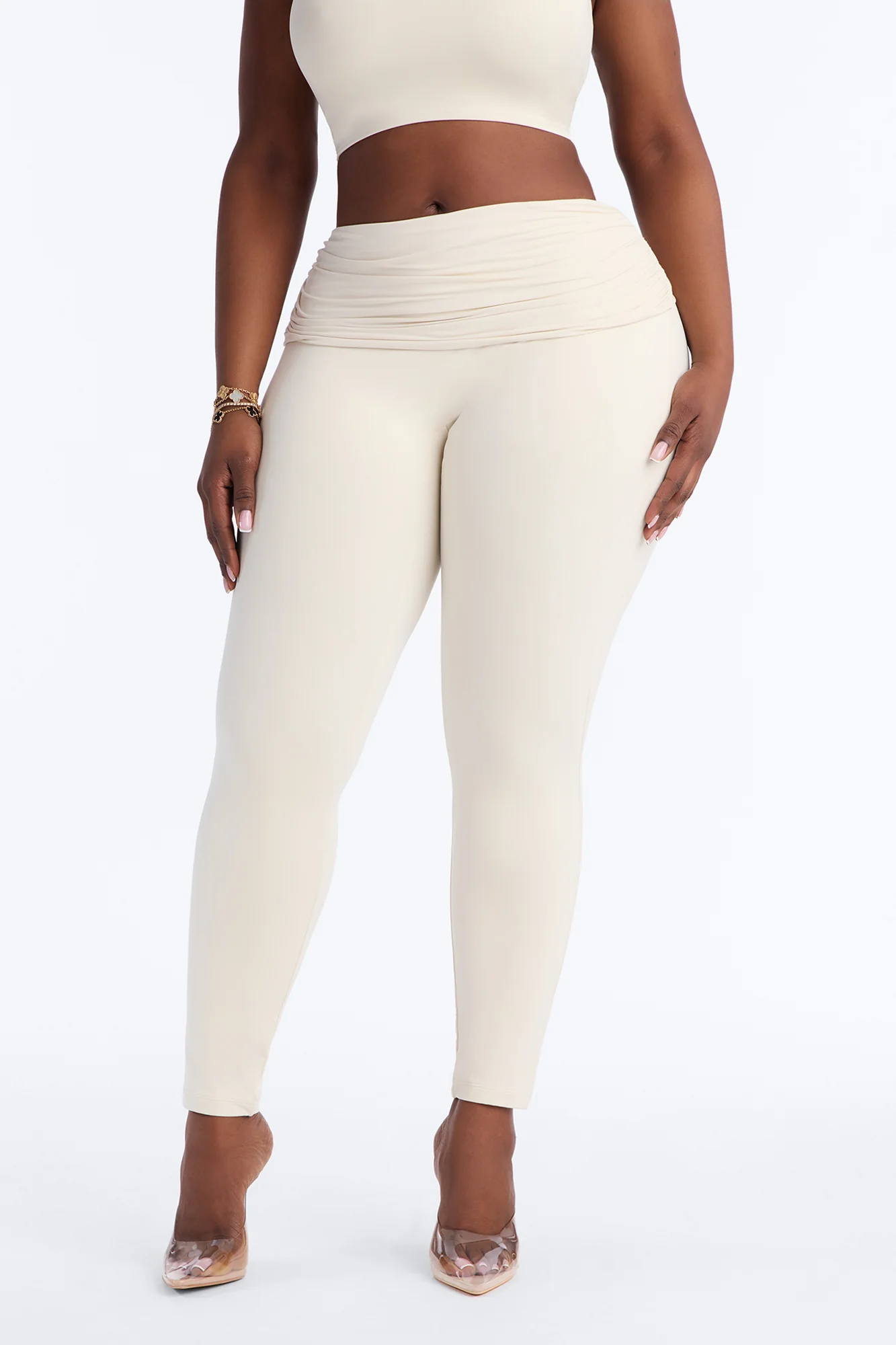 Second Skin Double Lined Ruched Foldover Leggings - Bone - Image 6