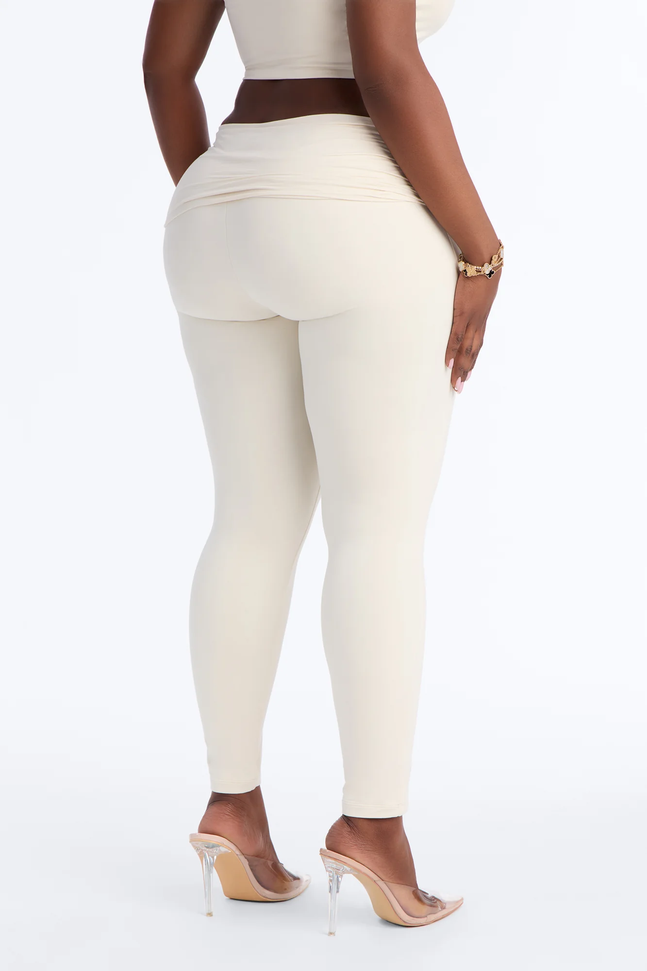 Second Skin Double Lined Ruched Foldover Leggings - Bone - Image 8