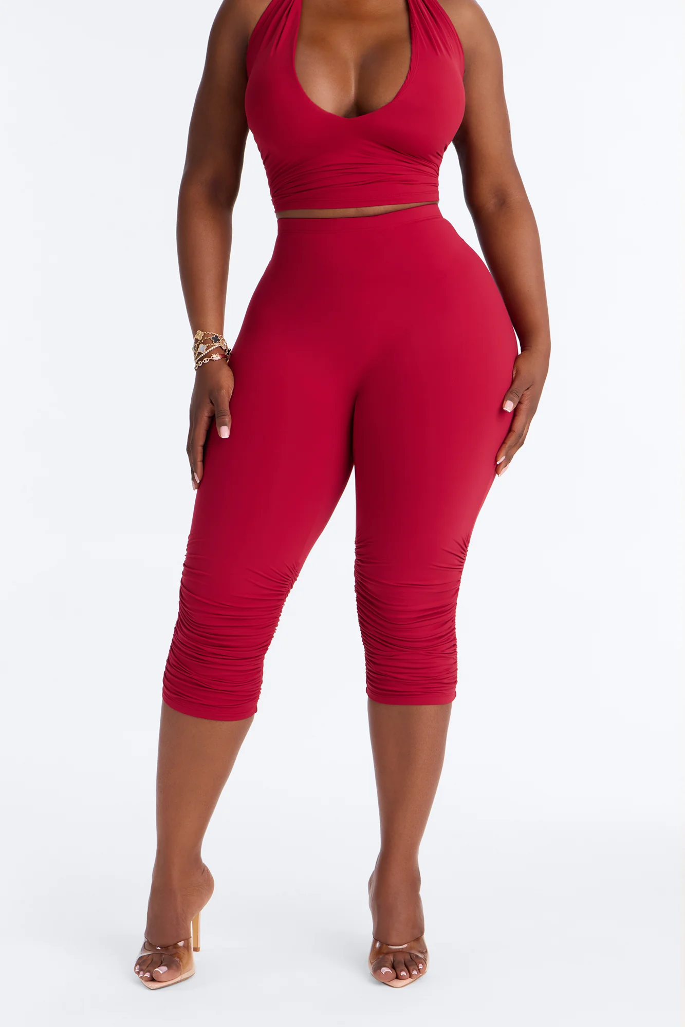 Second Skin Double Lined Ruched Low Rise Capri Legging - DarkRed - Image 2