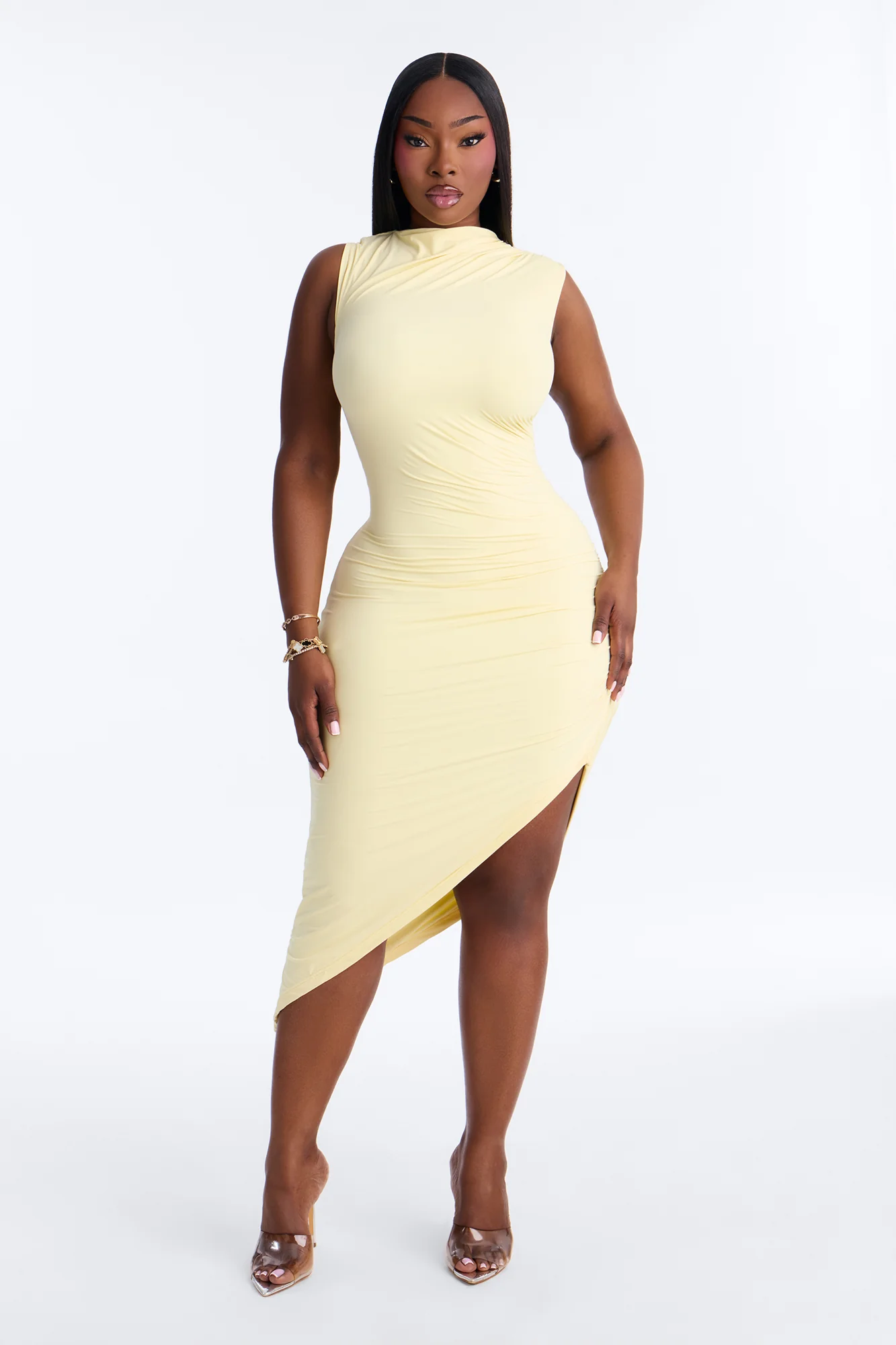 Second Skin Double Lined Ruched Slit Midi Dress - Butter Yellow - Image 4