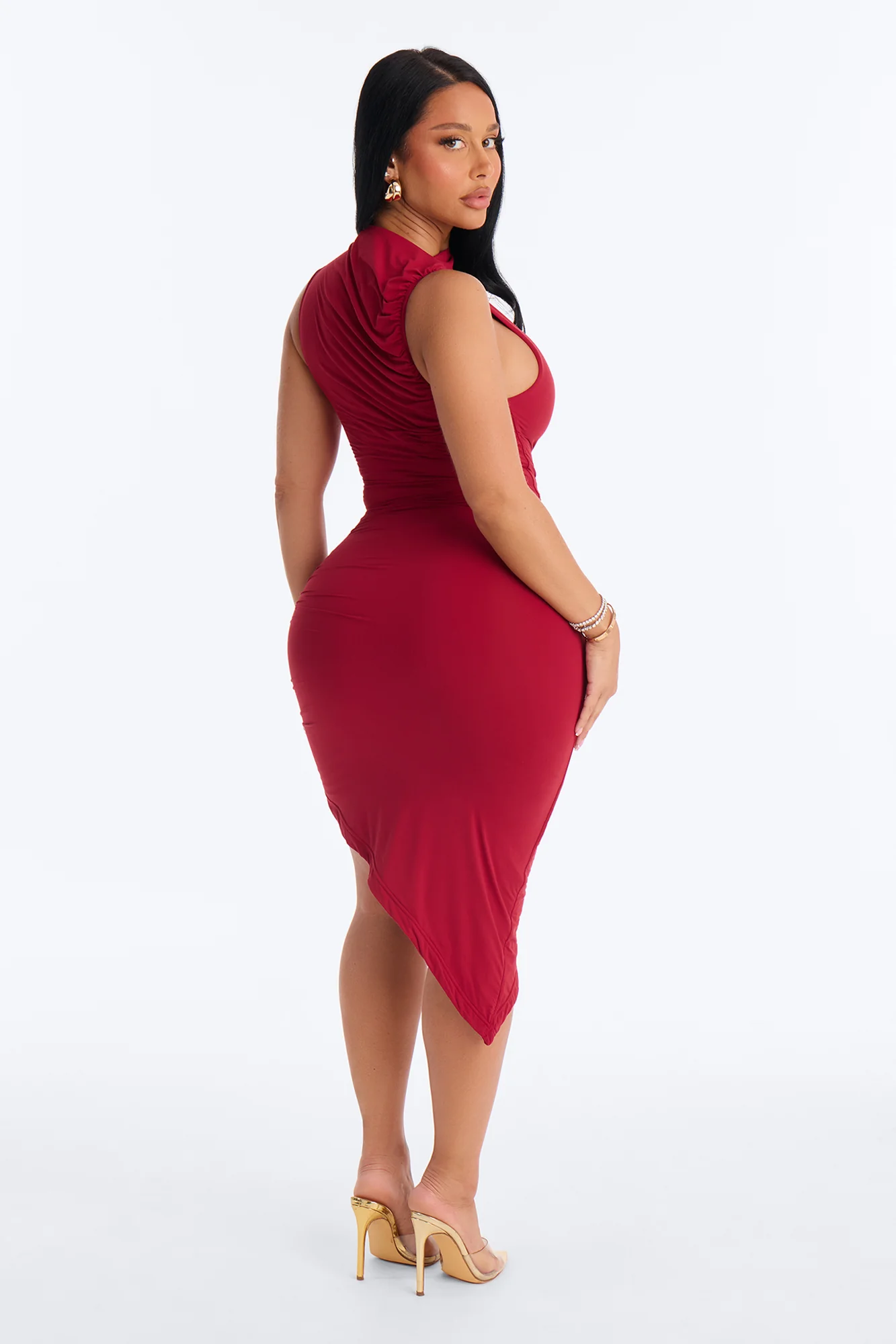 Second Skin Double Lined Ruched Slit Midi Dress - DarkRed - Image 4