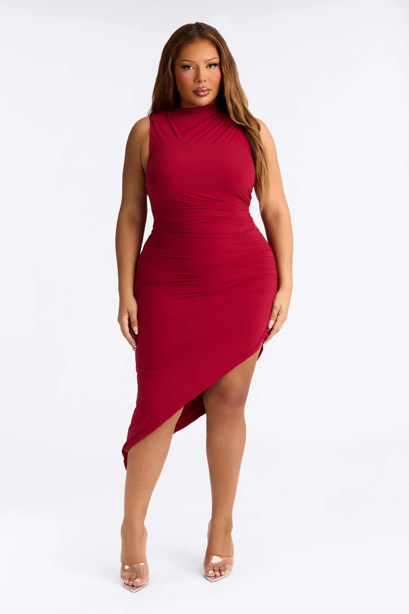 Second Skin Double Lined Ruched Slit Midi Dress - DarkRed - Image 9