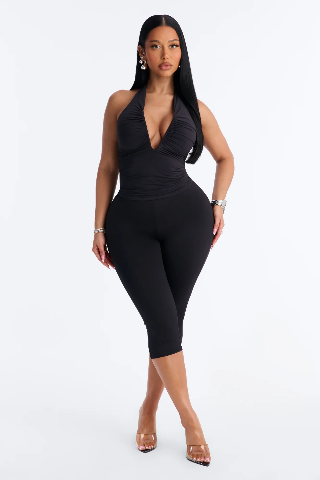 Second Skin Double Lined Ruched V Wire Halter Top - Black - Image 2