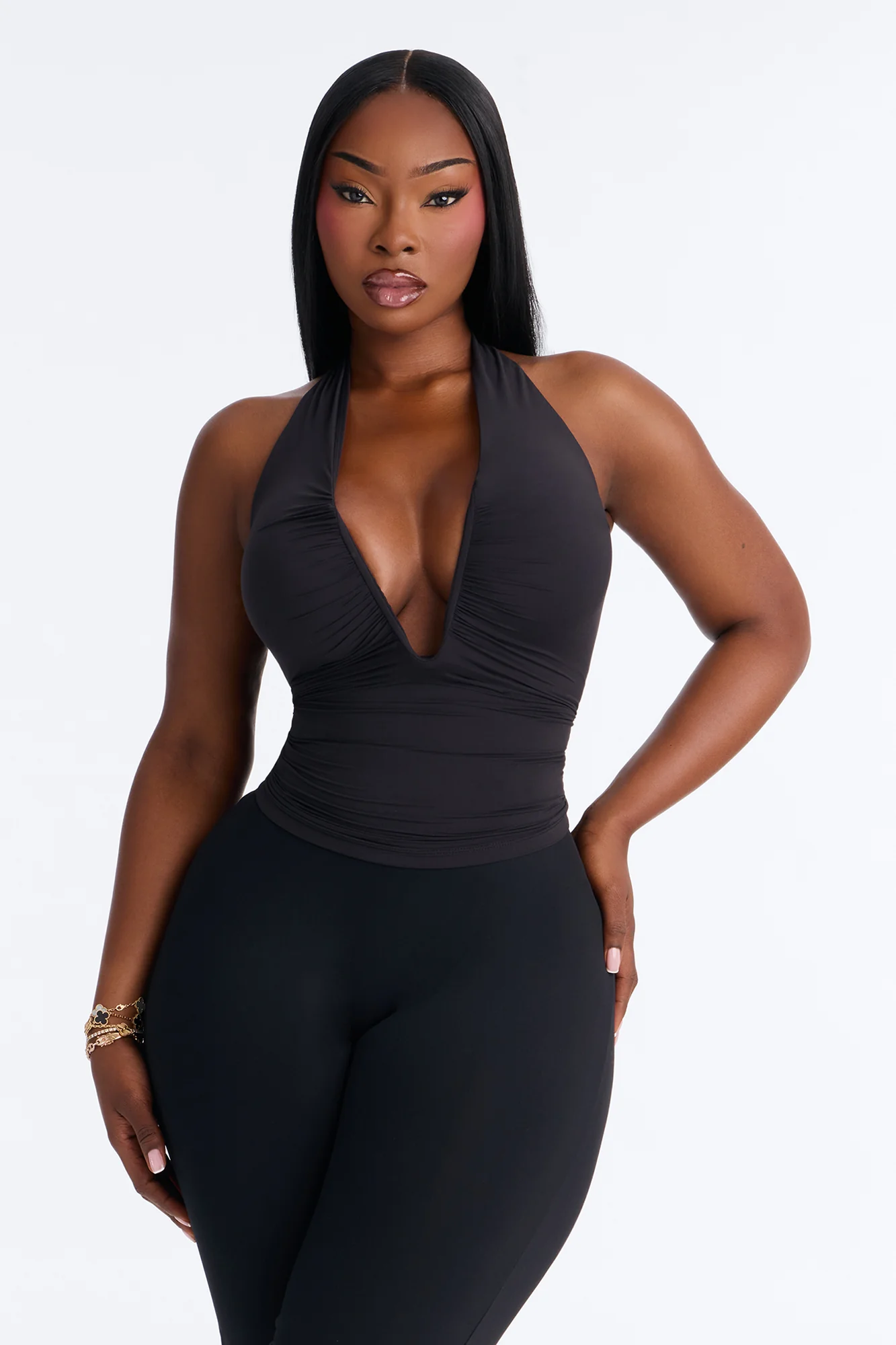 Second Skin Double Lined Ruched V Wire Halter Top - Black - Image 5