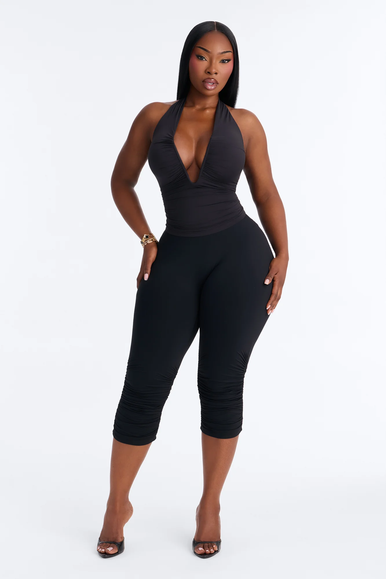 Second Skin Double Lined Ruched V Wire Halter Top - Black - Image 6