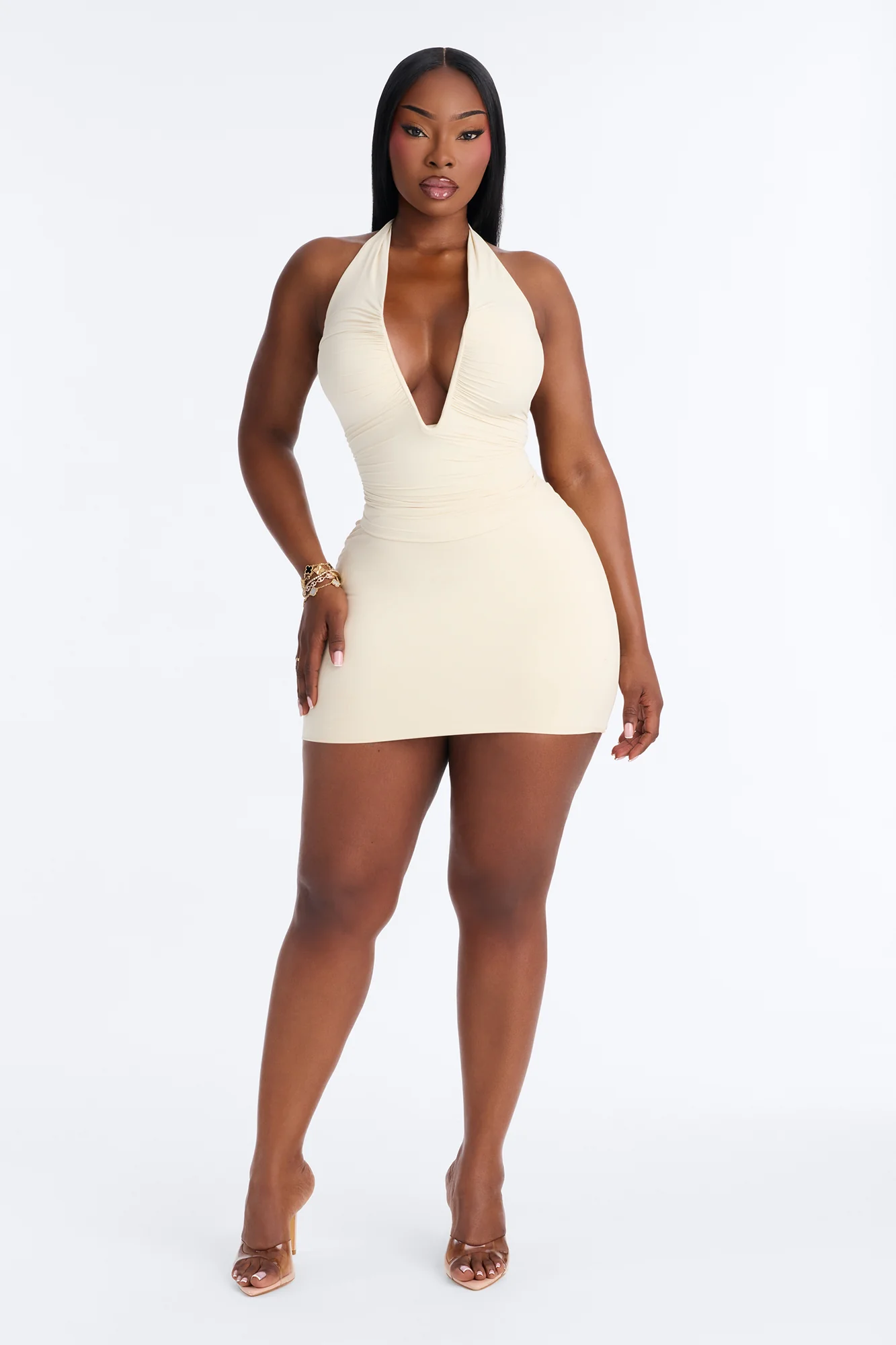 Second Skin Double Lined Ruched V Wire Halter Top - Bone - Image 6