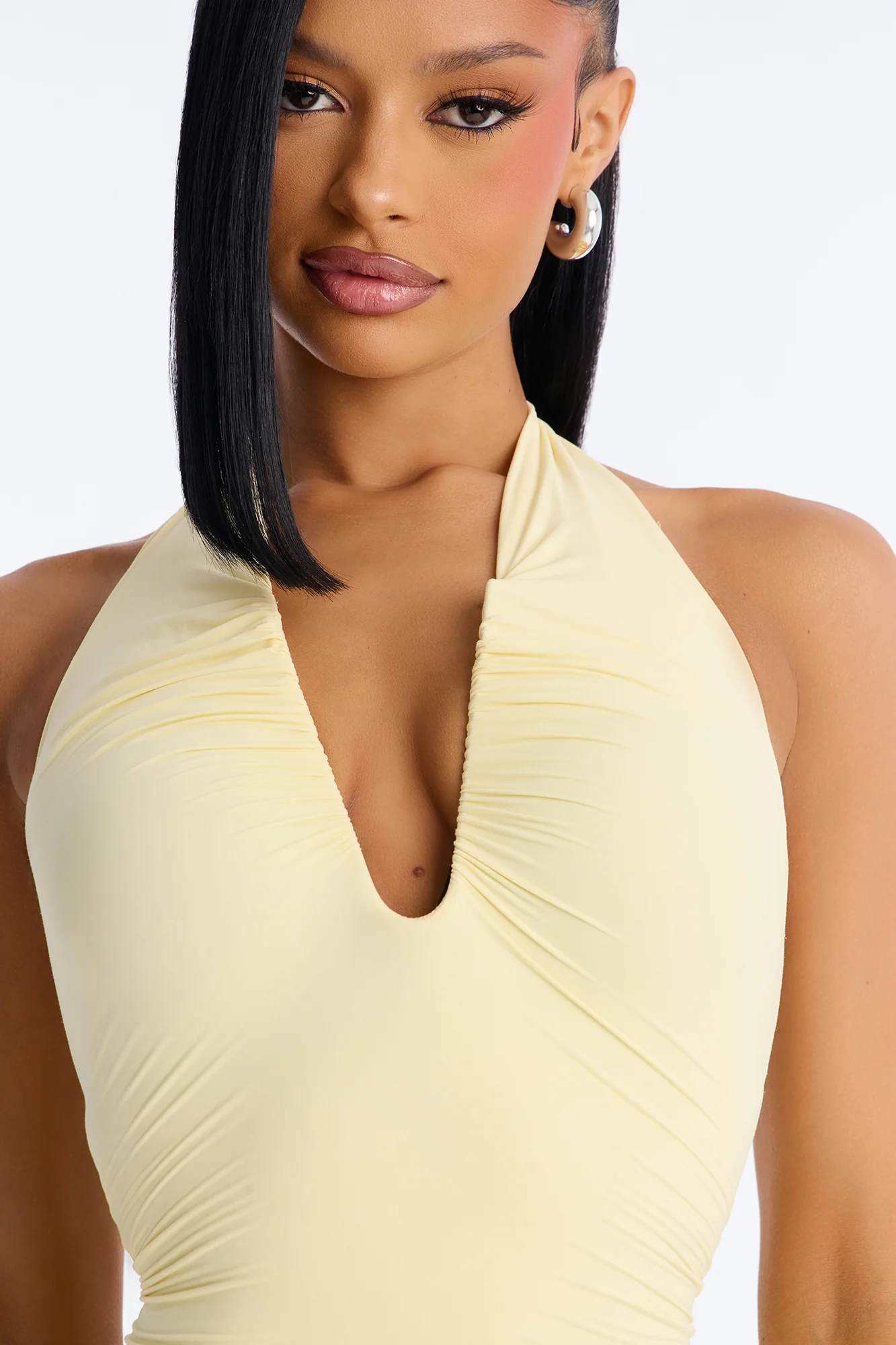Second Skin Double Lined Ruched V Wire Halter Top - Butter Yellow - Image 3
