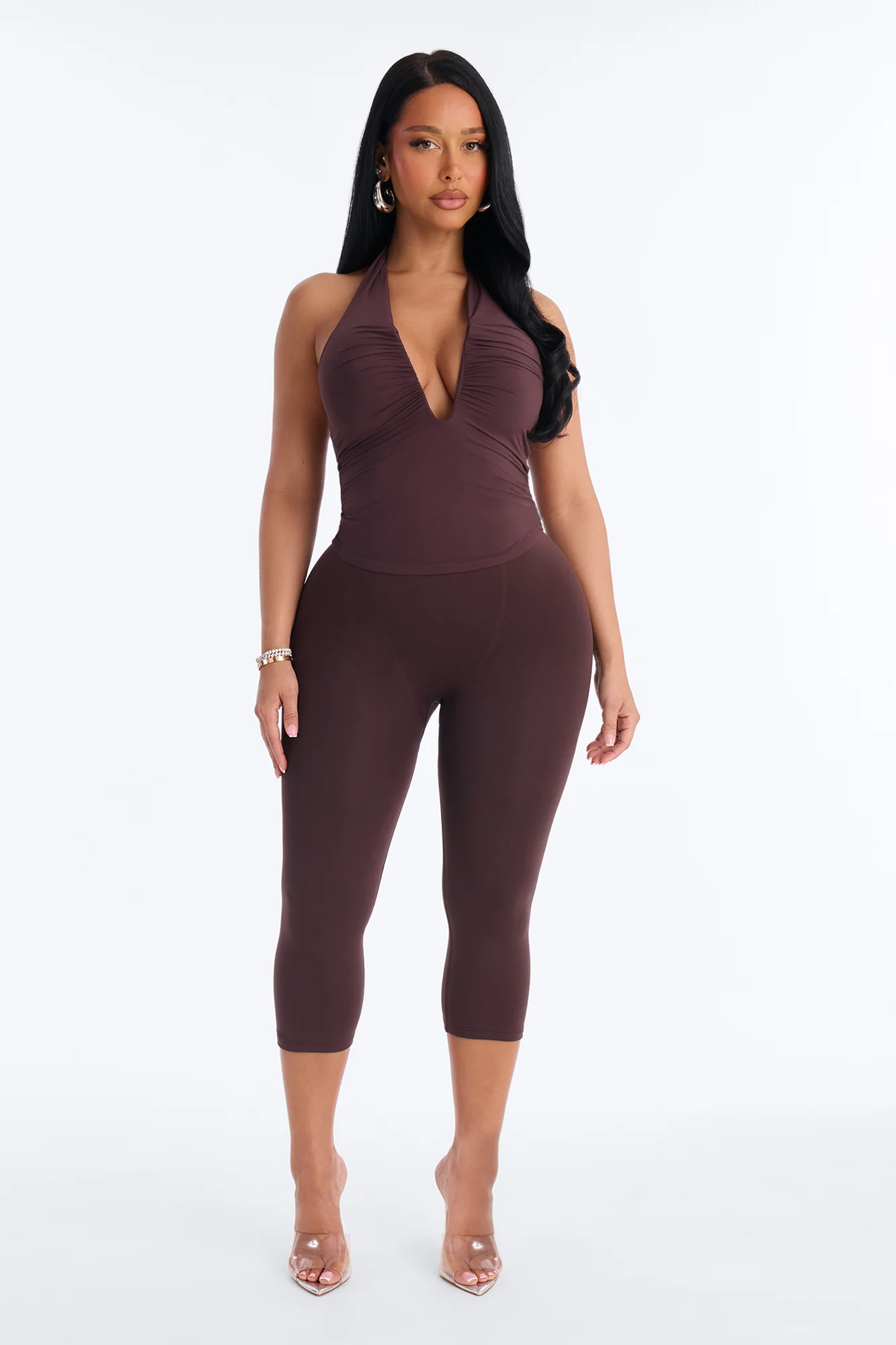 Second Skin Double Lined Ruched V Wire Halter Top - Chocolate