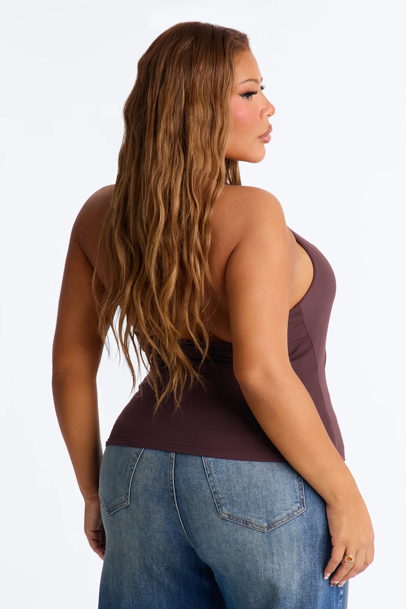 Second Skin Double Lined Ruched V Wire Halter Top - Chocolate - Image 12