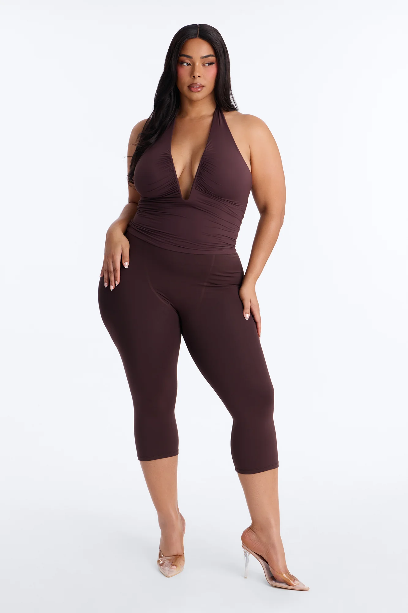 Second Skin Double Lined Ruched V Wire Halter Top - Chocolate - Image 5