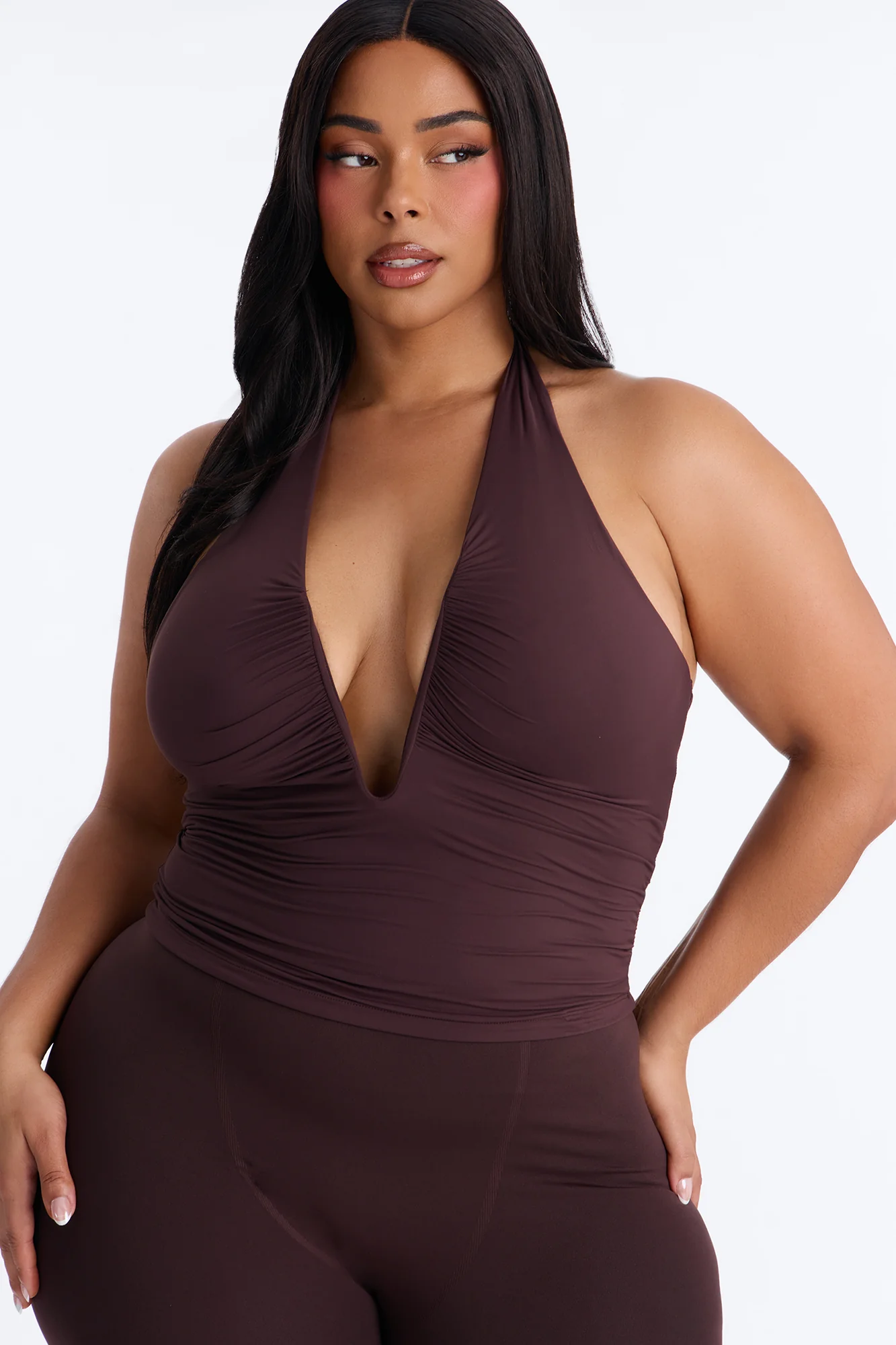 Second Skin Double Lined Ruched V Wire Halter Top - Chocolate - Image 6