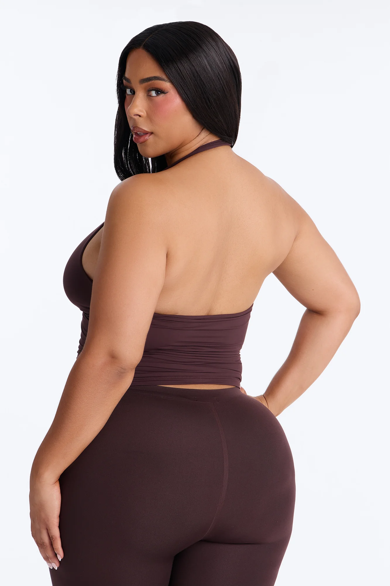 Second Skin Double Lined Ruched V Wire Halter Top - Chocolate - Image 8