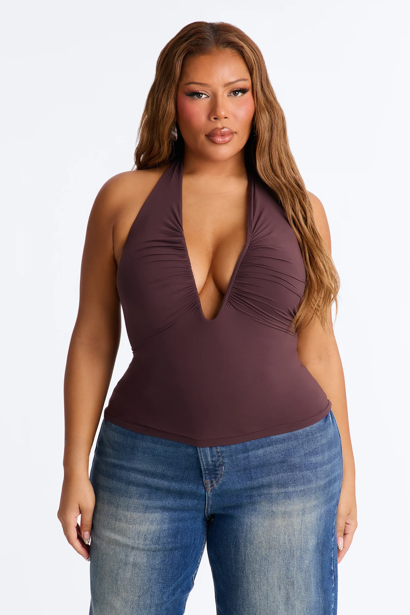 Second Skin Double Lined Ruched V Wire Halter Top - Chocolate - Image 9