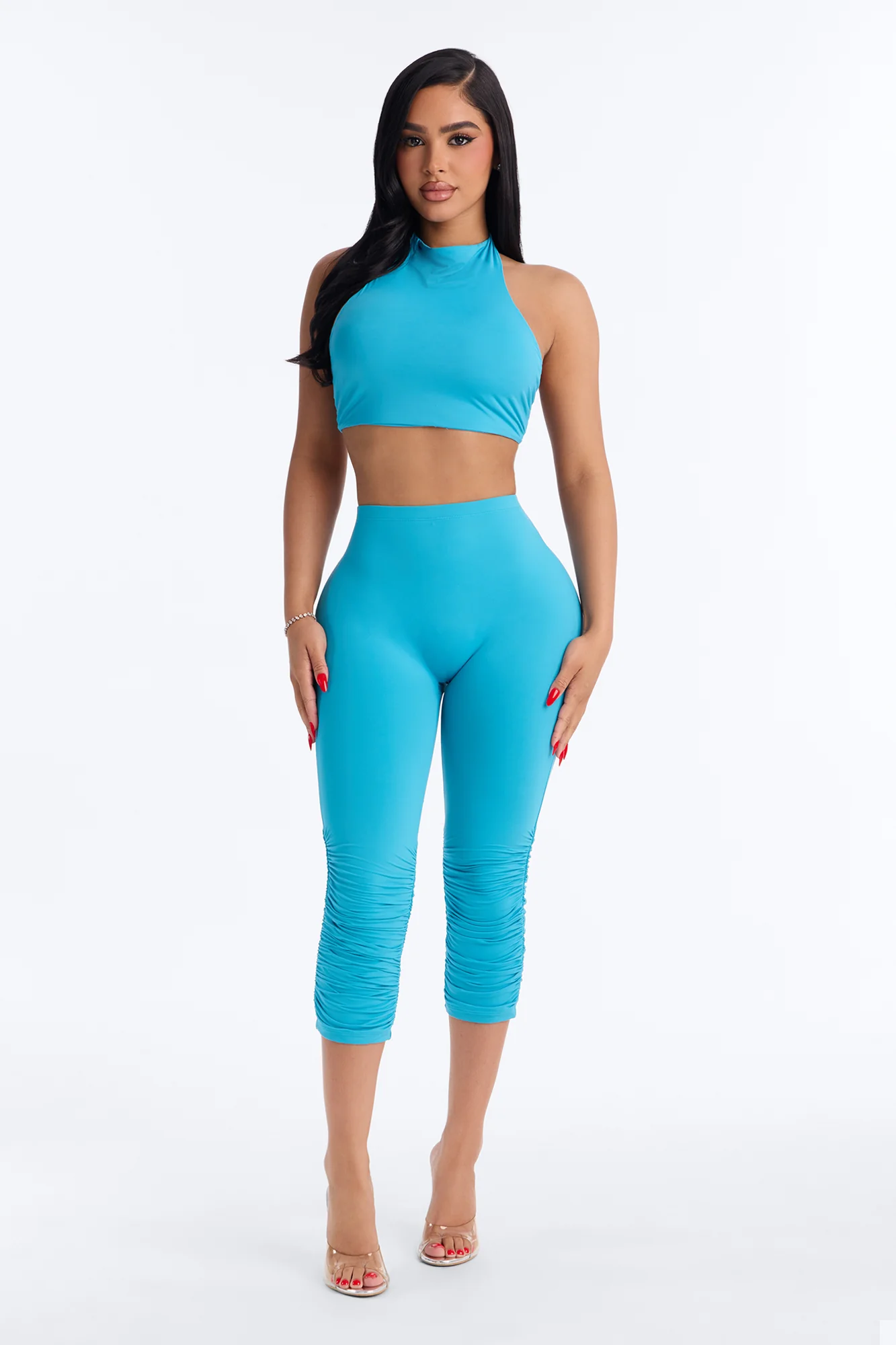 Second Skin Padded Backless Mock Neck Halter Top - Blue - Image 2