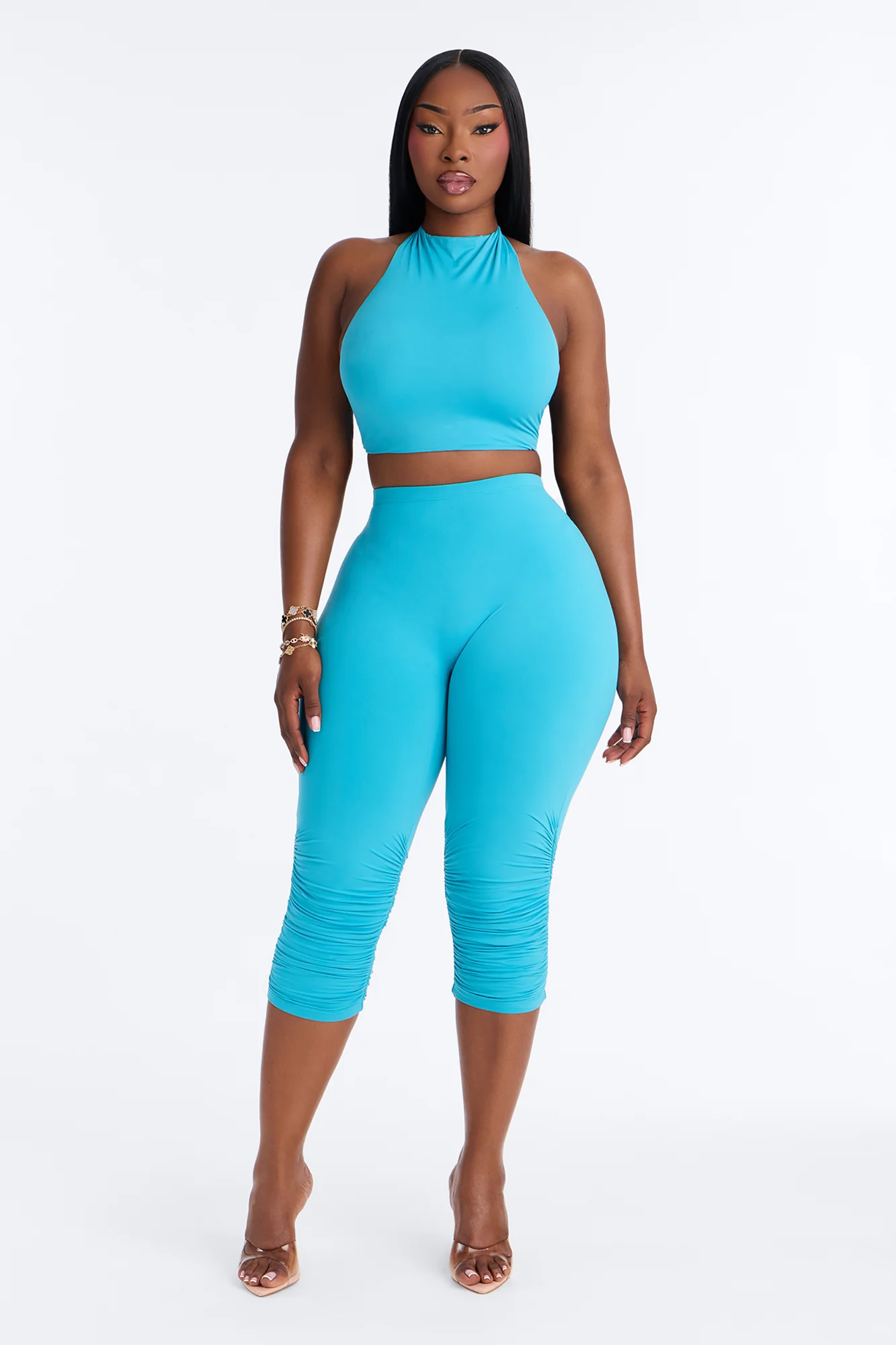 Second Skin Padded Backless Mock Neck Halter Top - Blue - Image 6