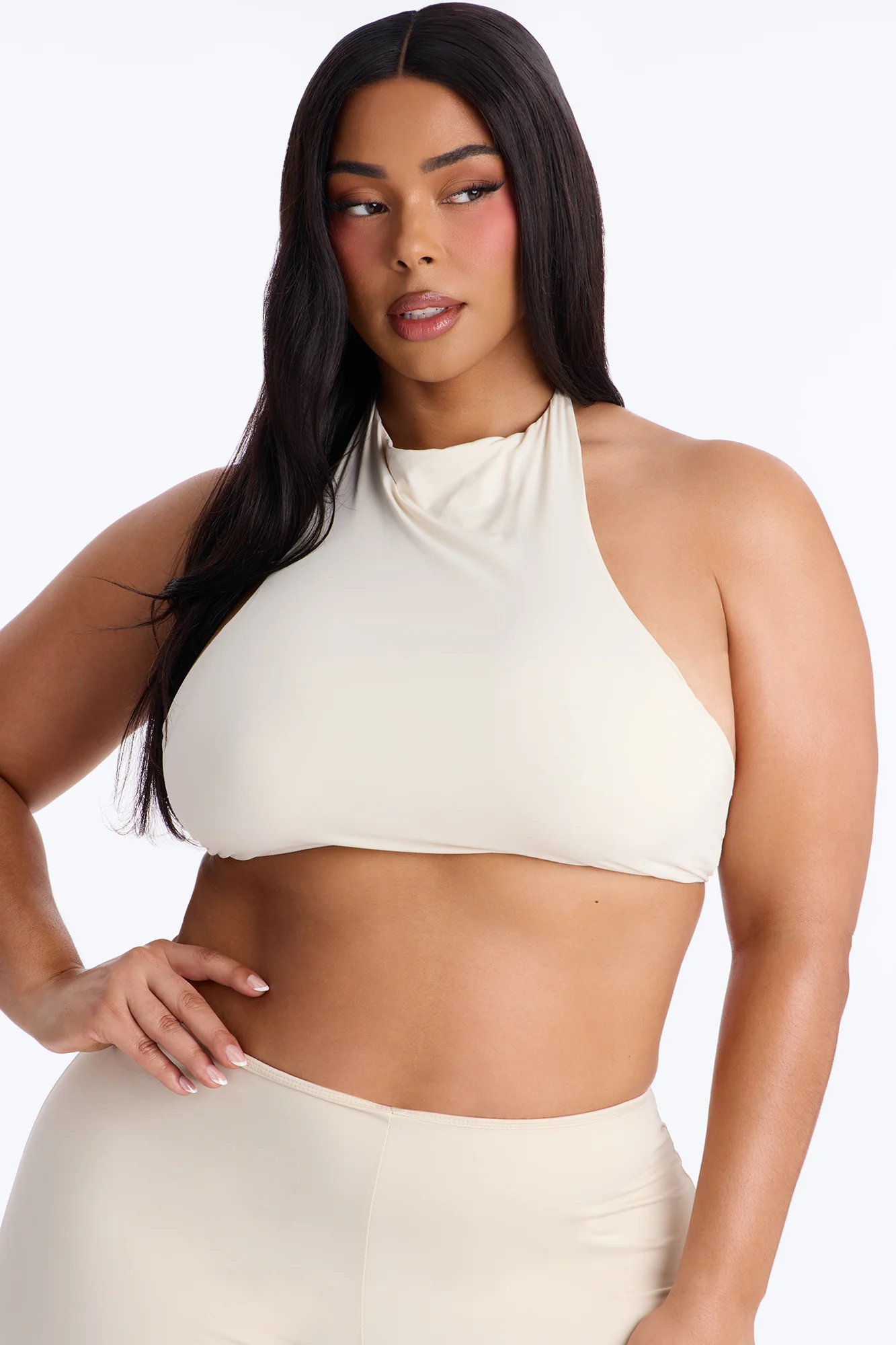 Second Skin Padded Backless Mock Neck Halter Top - Bone - Image 5