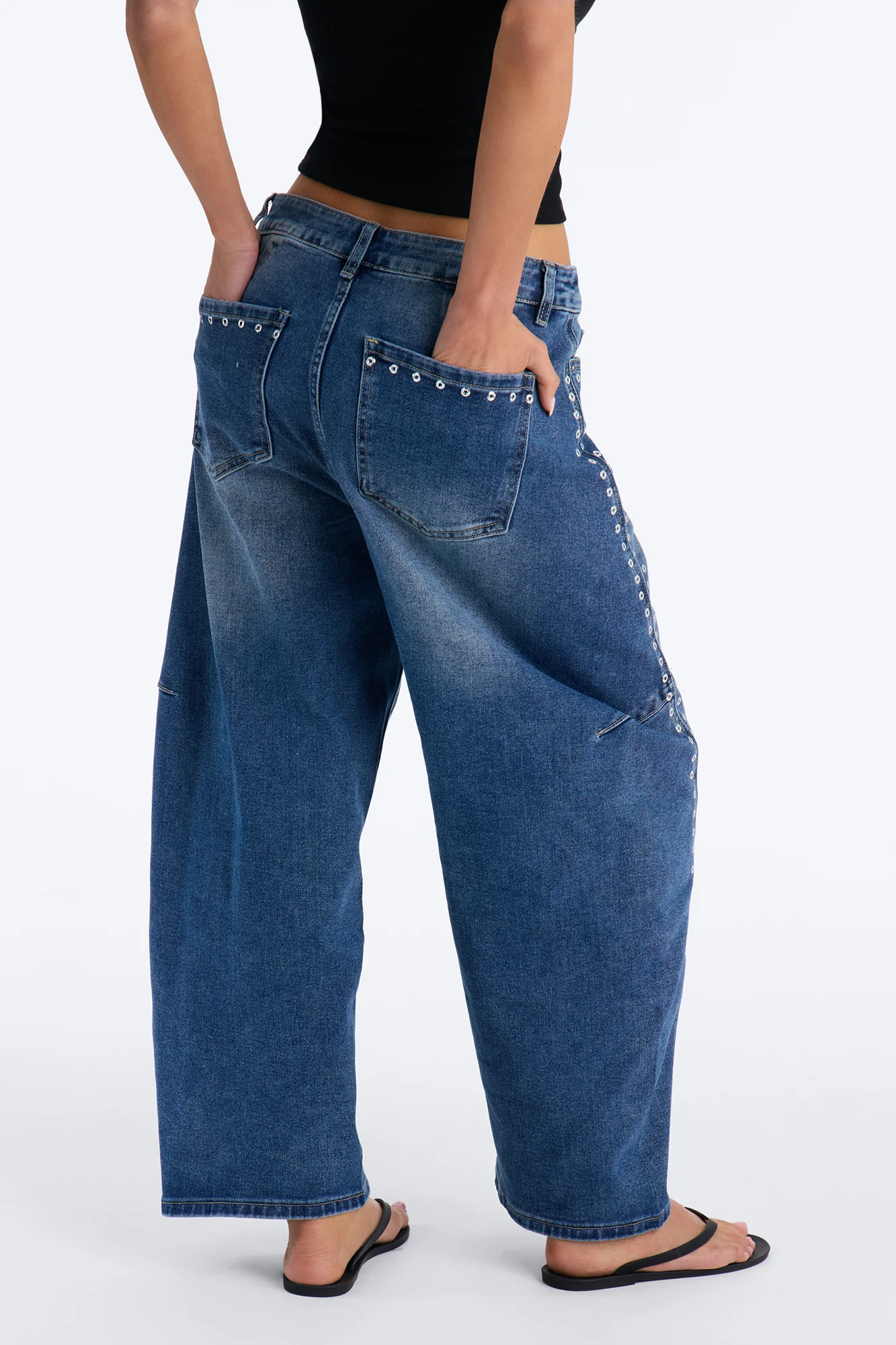 See You Never Grommet Embellished Barrel Jeans - Dark Wash - Image 3