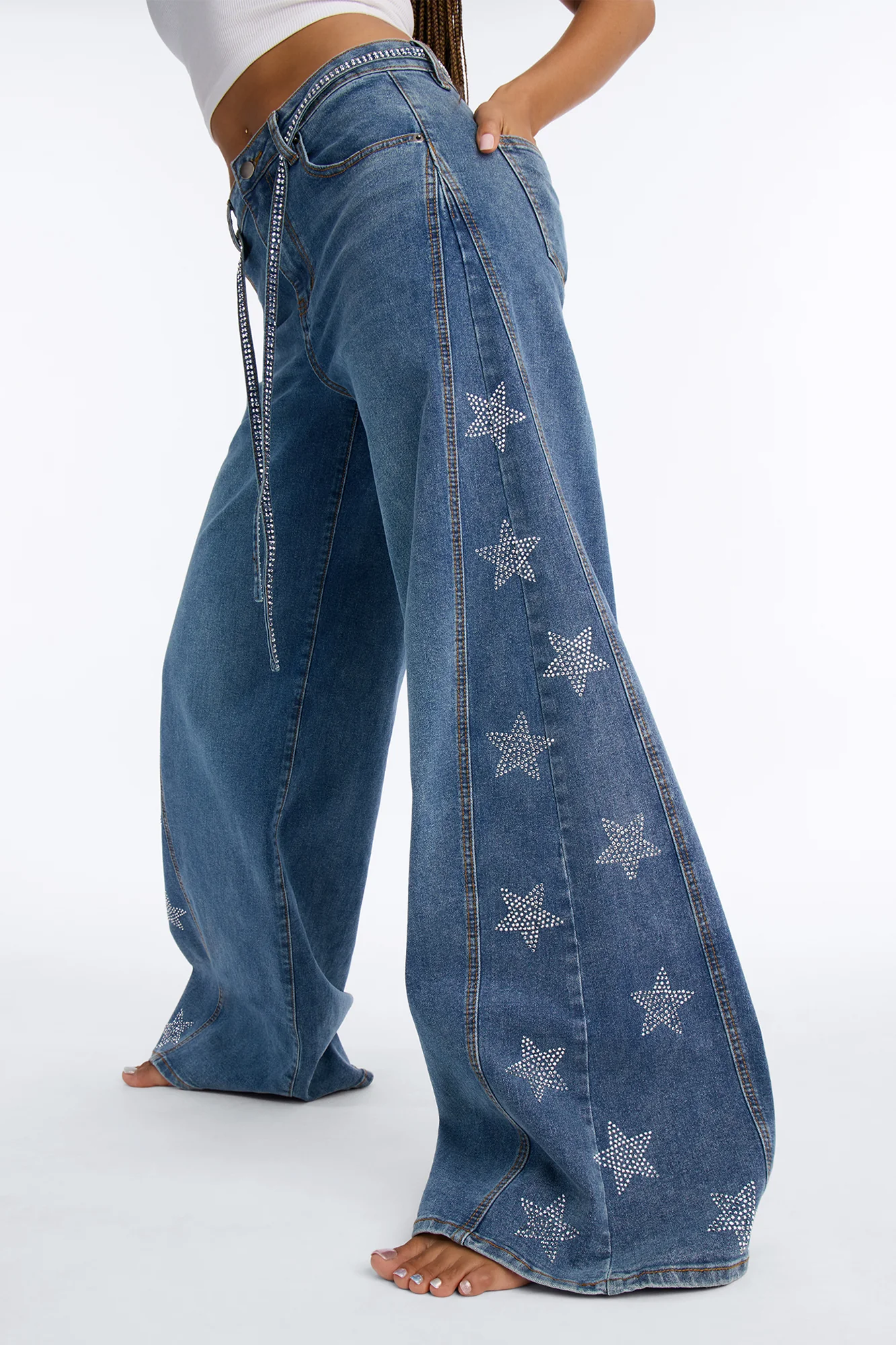 Seeing Stars Embellished Belted Wide Leg Jeans - Medium Wash