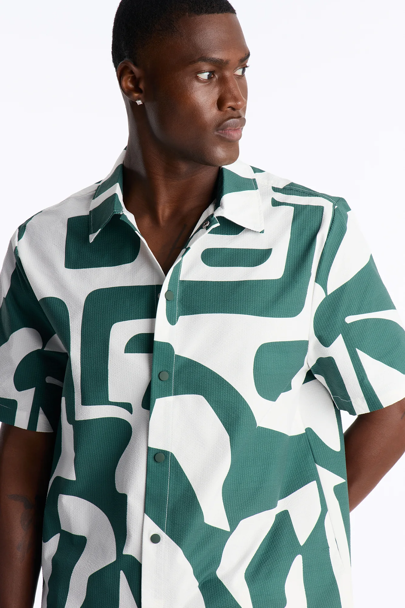 Seersucker Abstract Geo Printed Closed Collar Shirt - Green/combo - Image 3