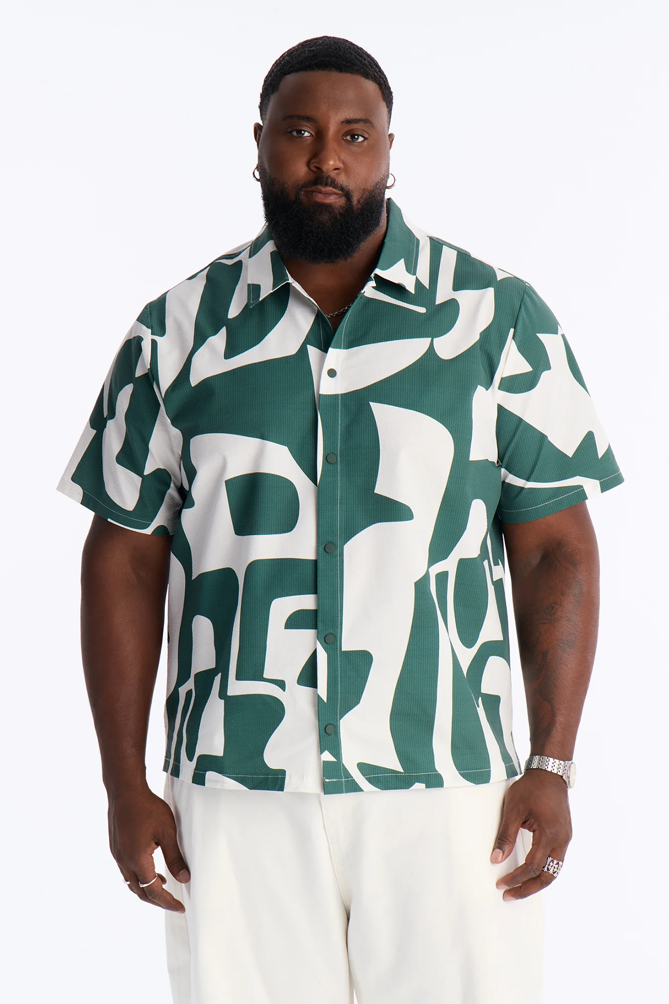 Seersucker Abstract Geo Printed Closed Collar Shirt - Green/combo - Image 5