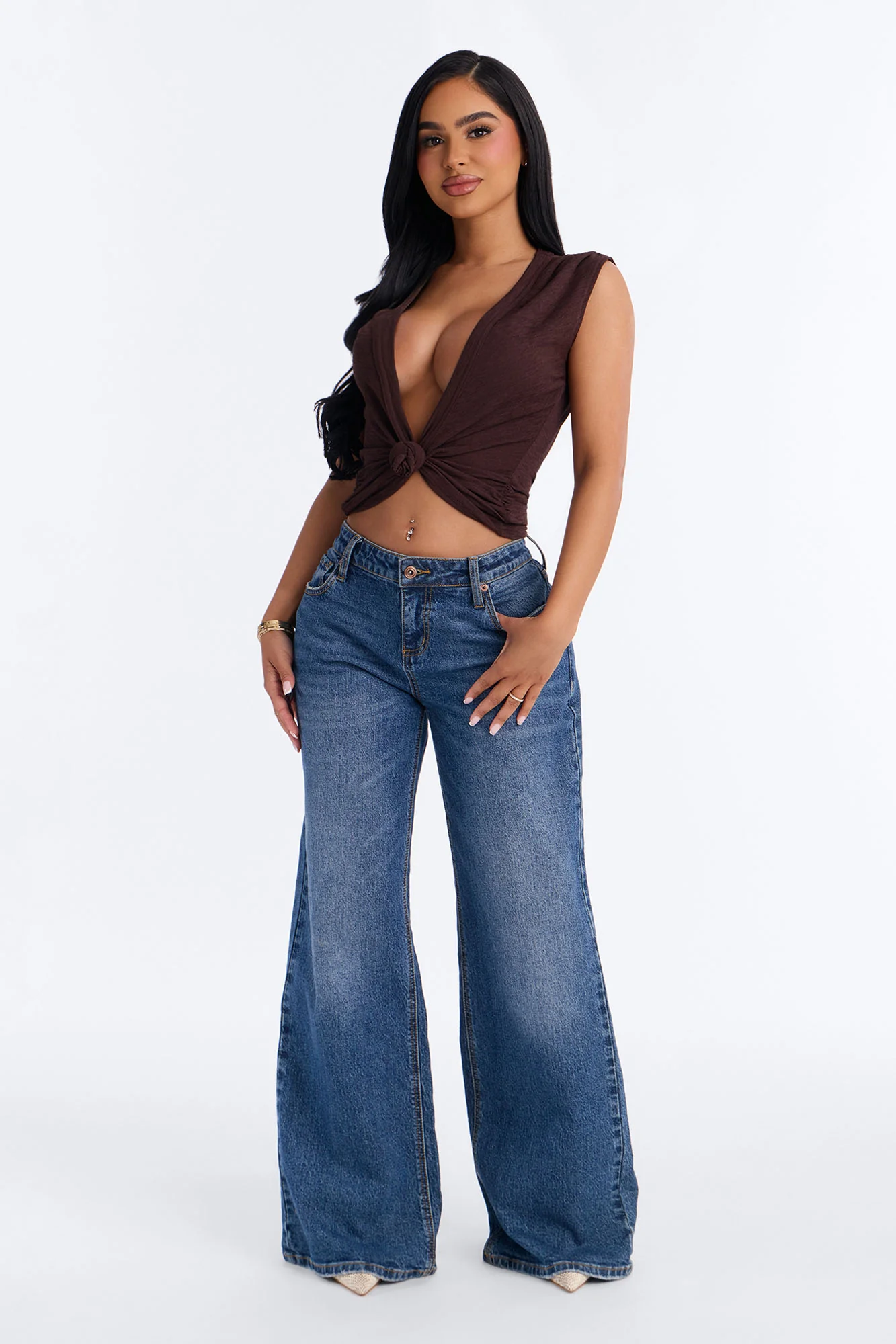 Selena Textured Deep V-Neck Knot Top - Brown - Image 2
