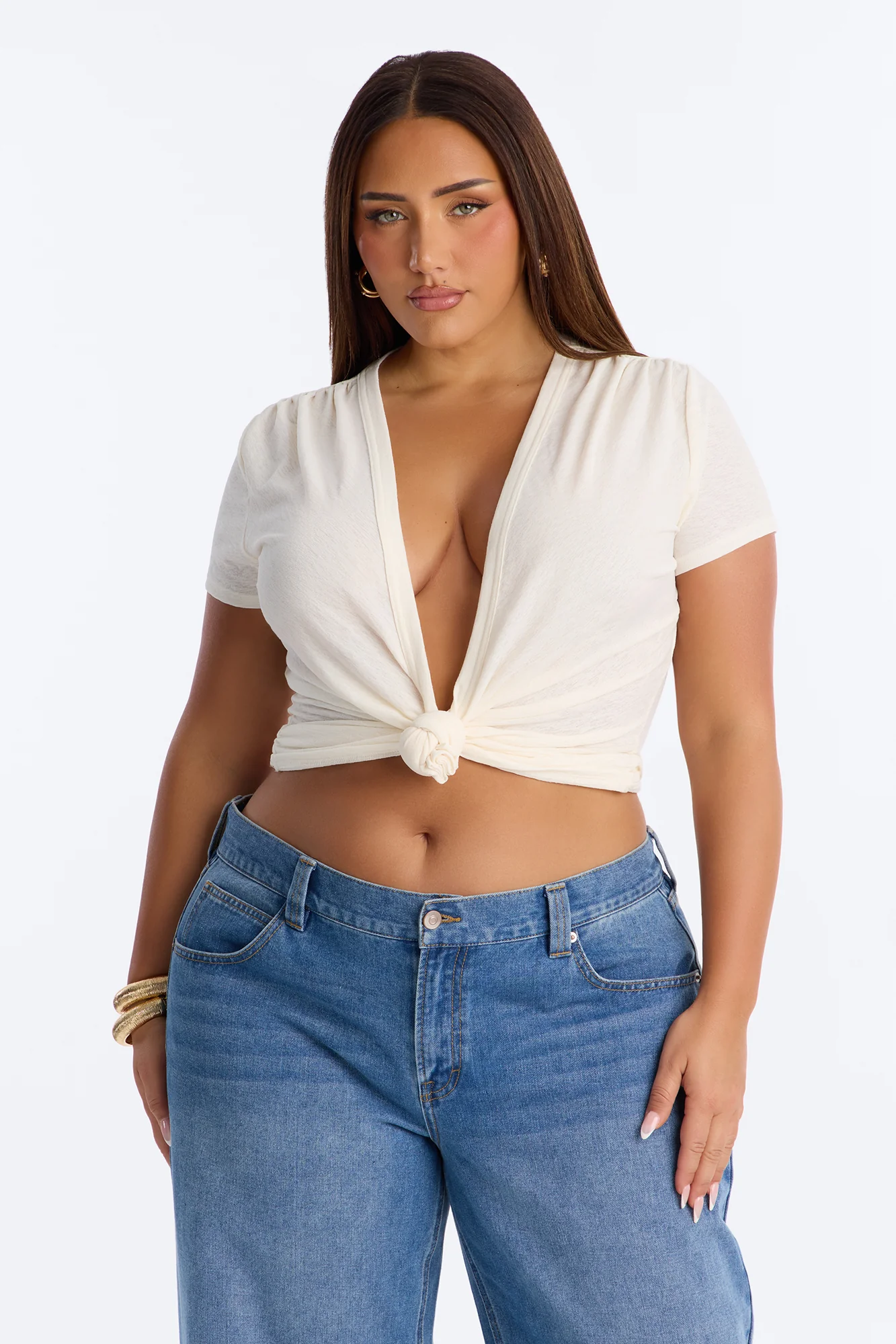 Selena Textured Knot Short Sleeve Top - OffWhite - Image 5