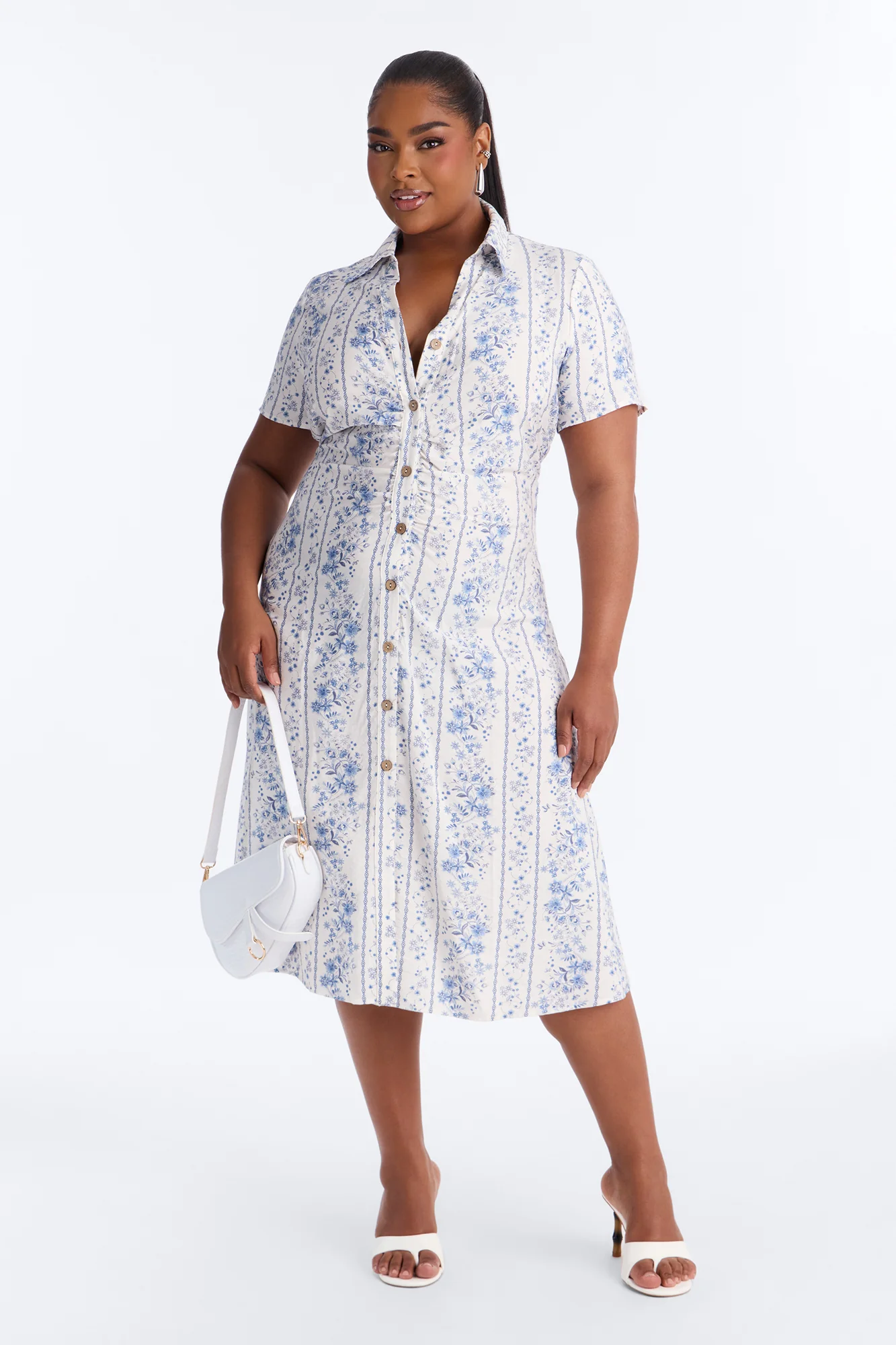 Selene Ruched Floral Midi Shirt Dress - Blue/combo - Image 5