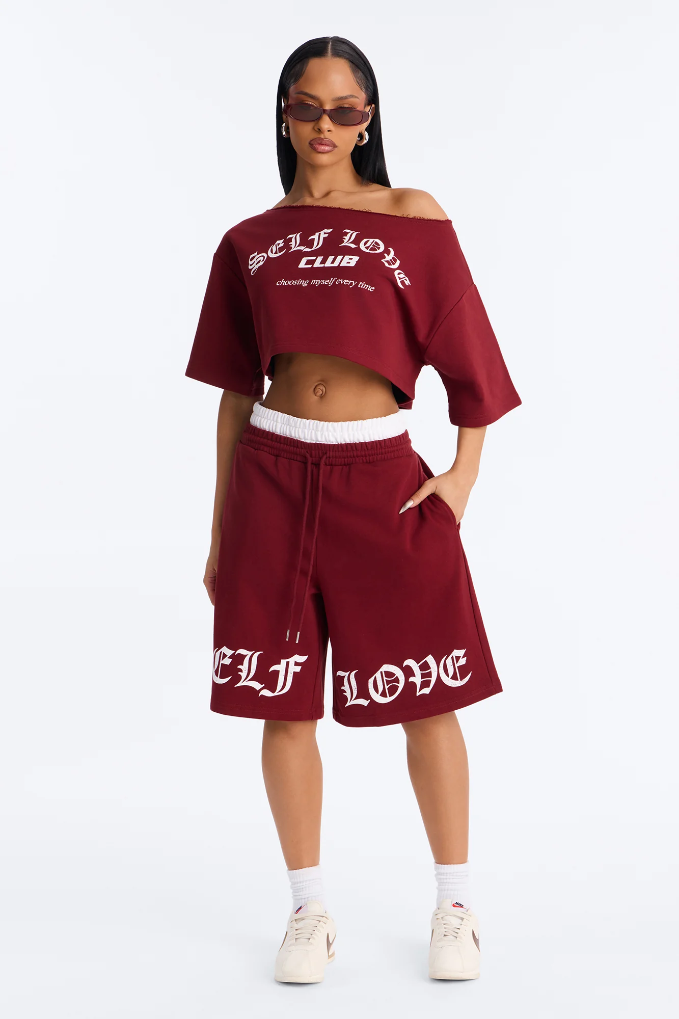 Self Love Club Off Shoulder French Terry Short Set - Burgundy