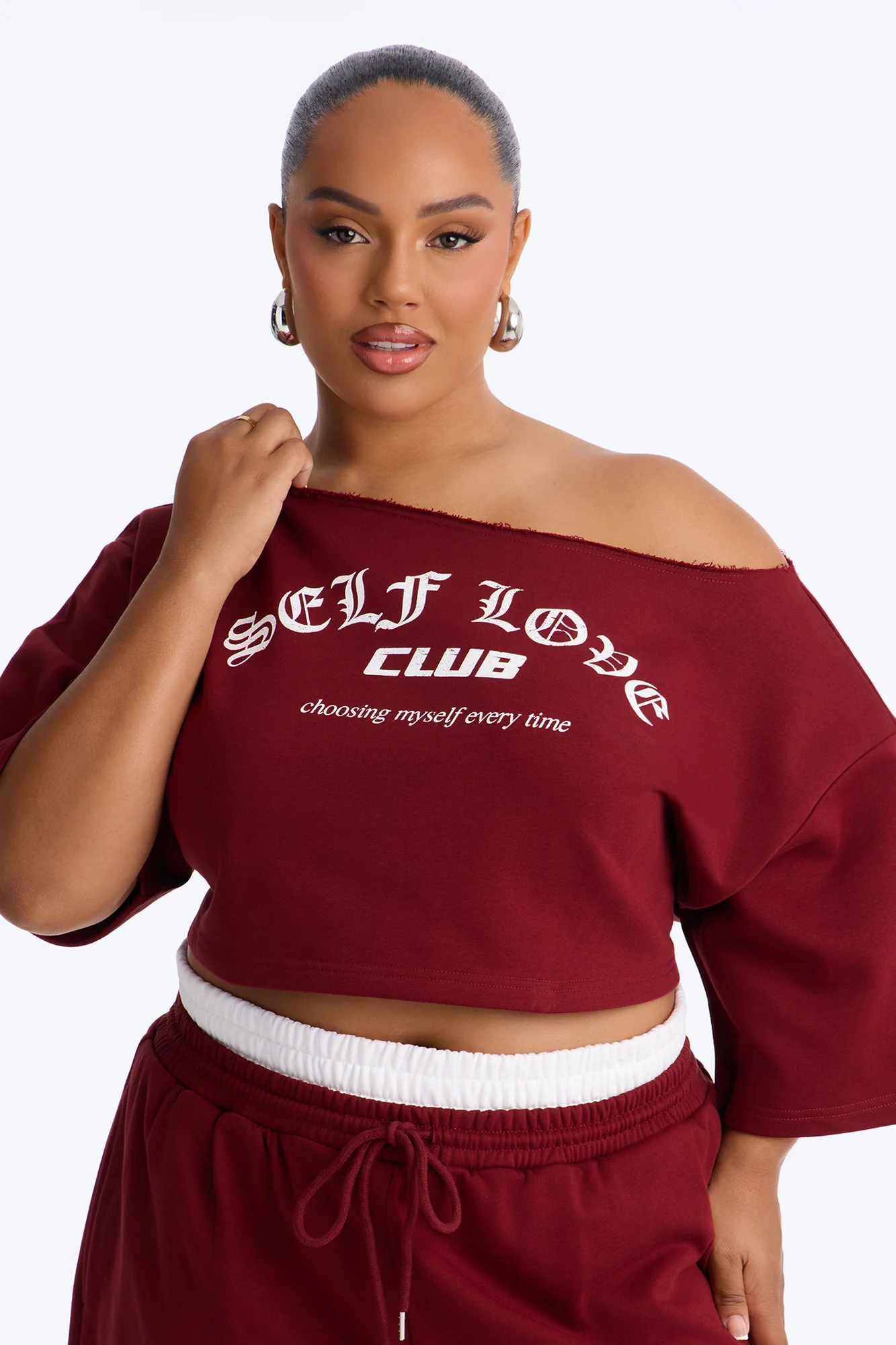 Self Love Club Off Shoulder French Terry Short Set - Burgundy - Image 6