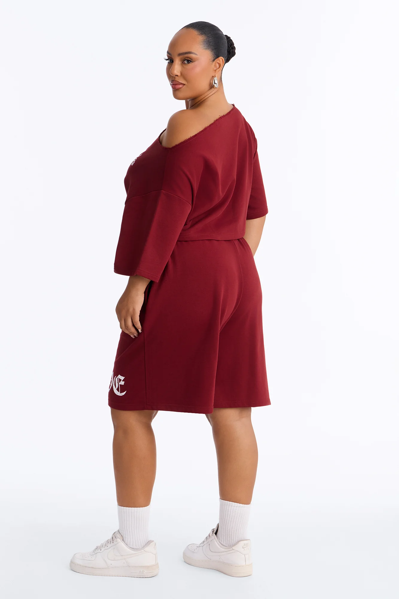 Self Love Club Off Shoulder French Terry Short Set - Burgundy - Image 8