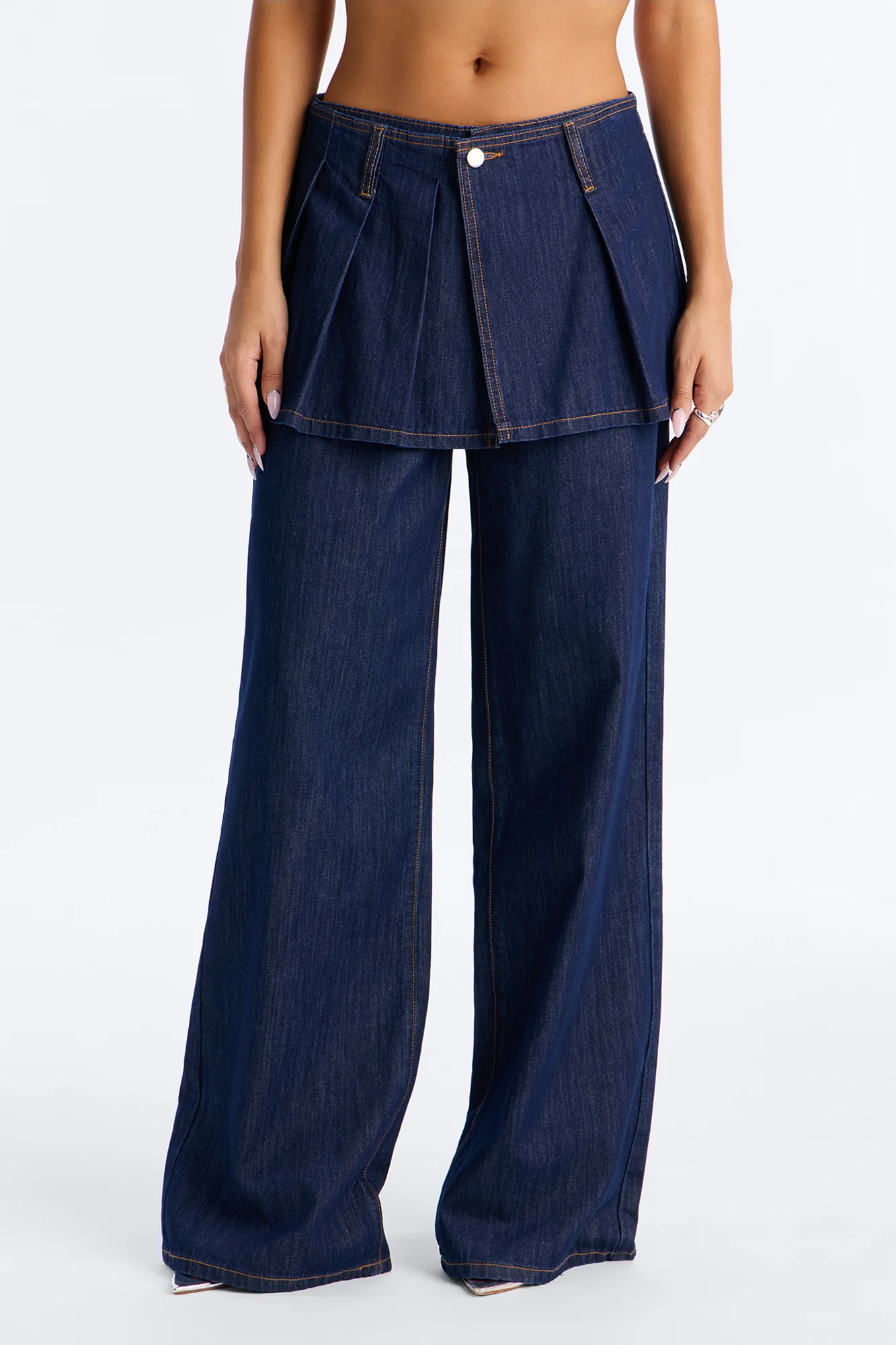 Set The Bar Skirt Overlay Wide Leg Jeans - Dark Wash