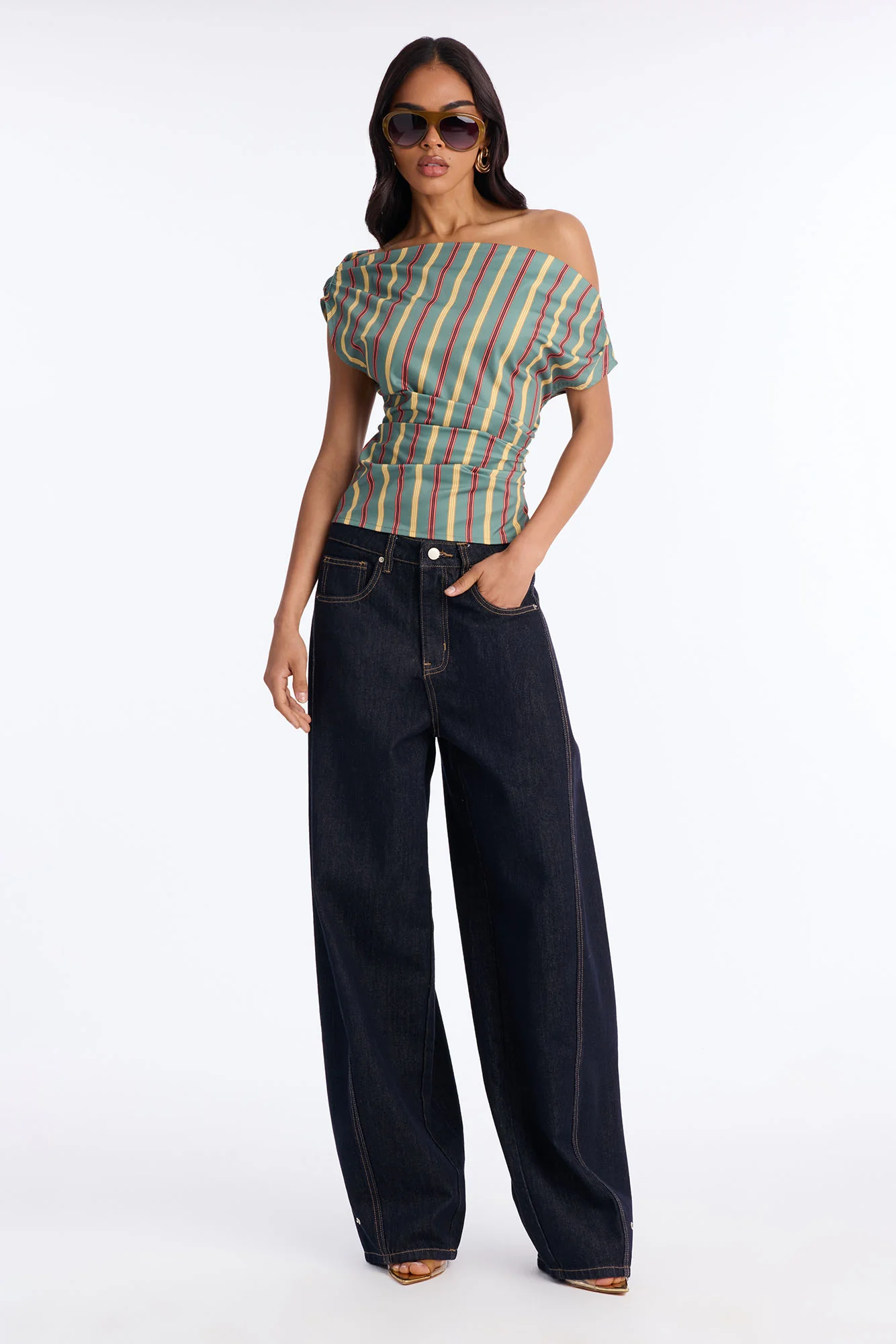 Set The Tone One Shoulder Striped Top - Green/combo - Image 2